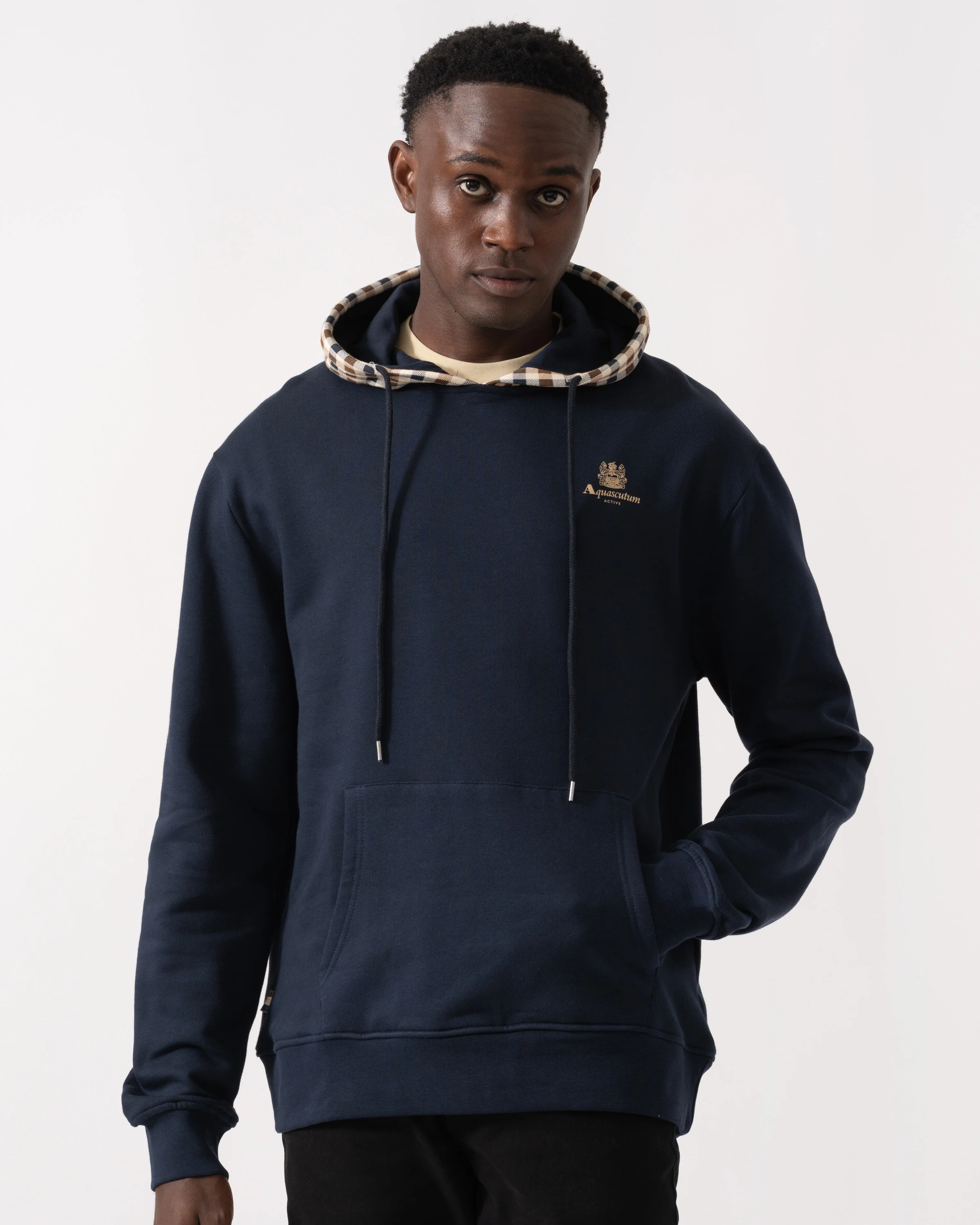 Aquascutum Mens Club Check Hoodie Fleece - Navy 11 - Image 3