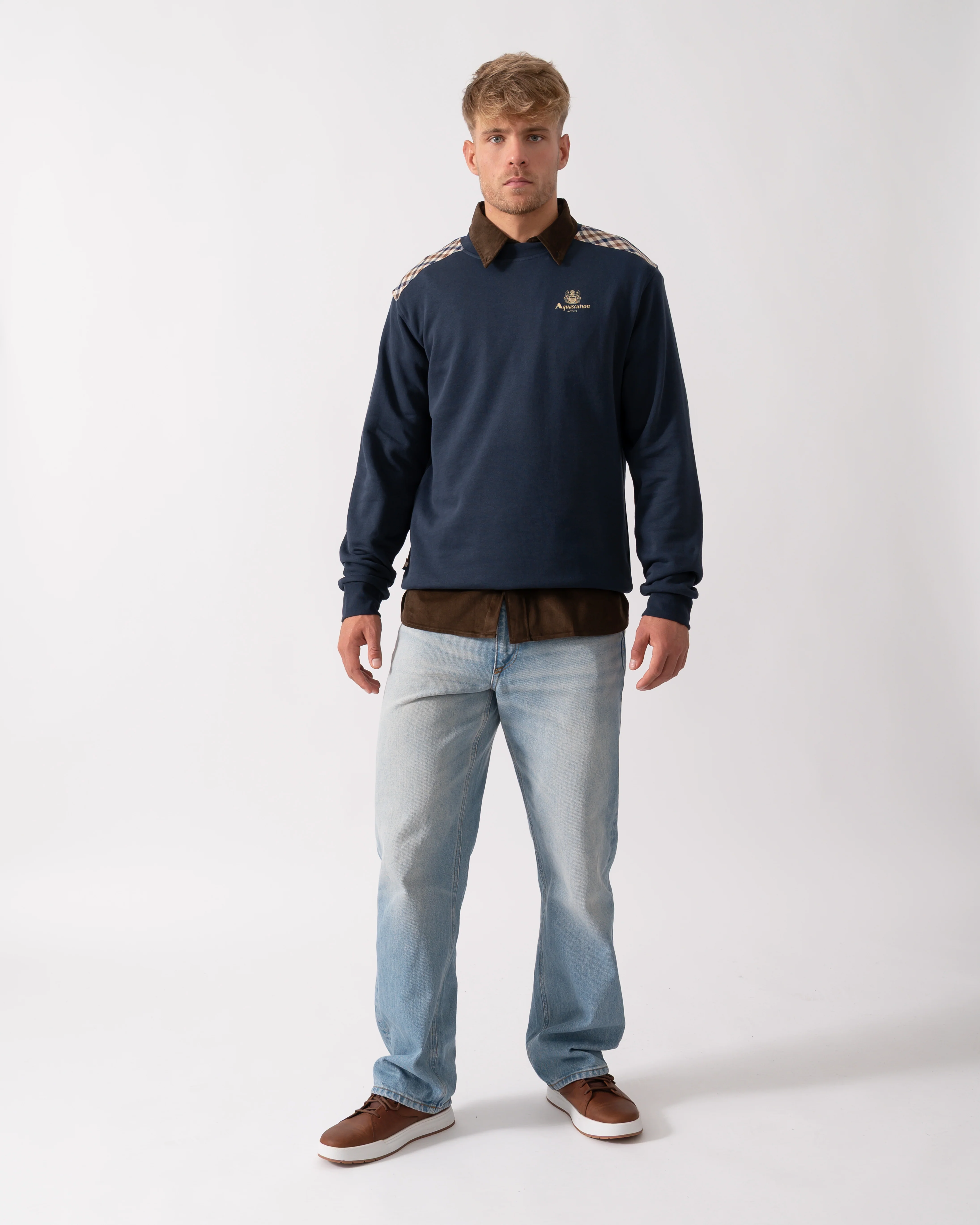 Aquascutum Mens Club Check Shoulder Crew Neck Fleece Sweatshirt - Navy 11 - Image 3