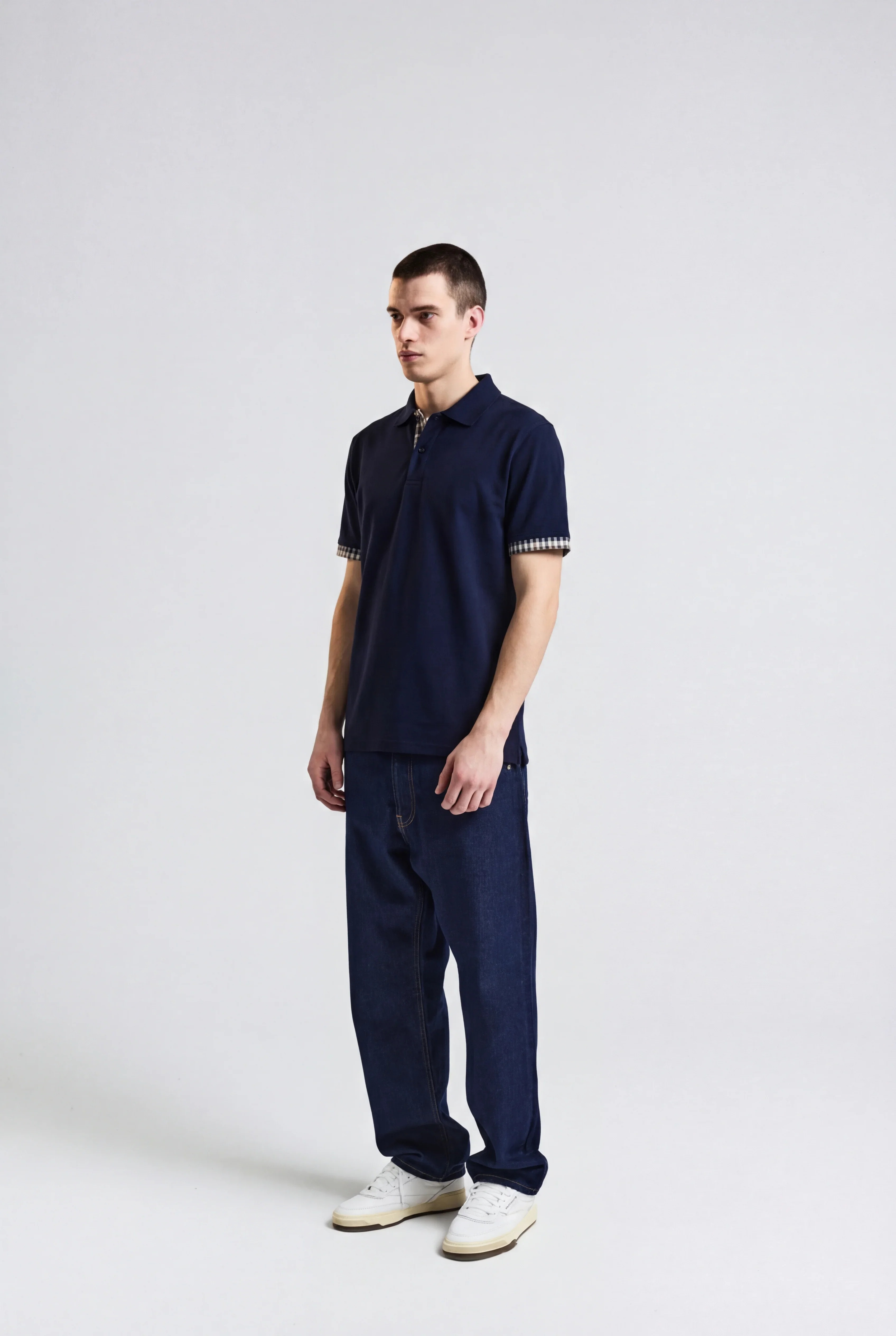 Aquascutum Mens Club Check Stretch Piquet Sleeves Polo Shirt - Navy 11 - Image 3