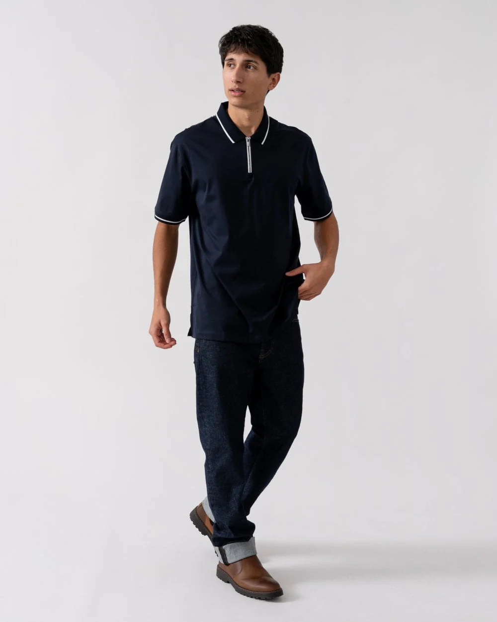 Armani Exchange Mens Contrast Tipped Zip Placket Polo Shirt - Image 3