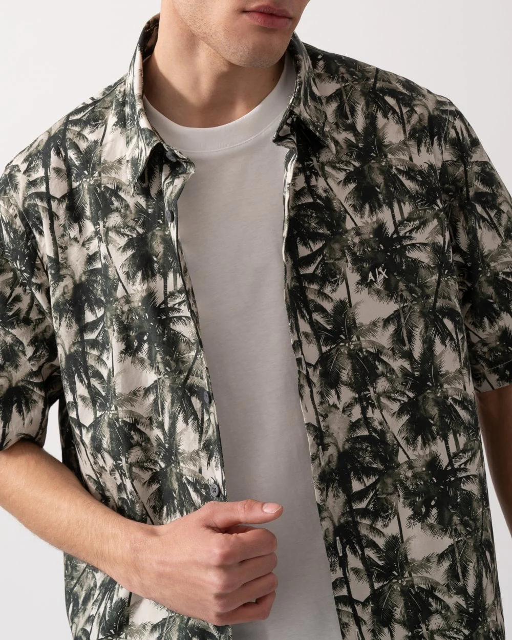 Armani Exchange Mens Palm Tree Print Hawaiian Shirt - Optic White/Green Resort F0039 - Image 2