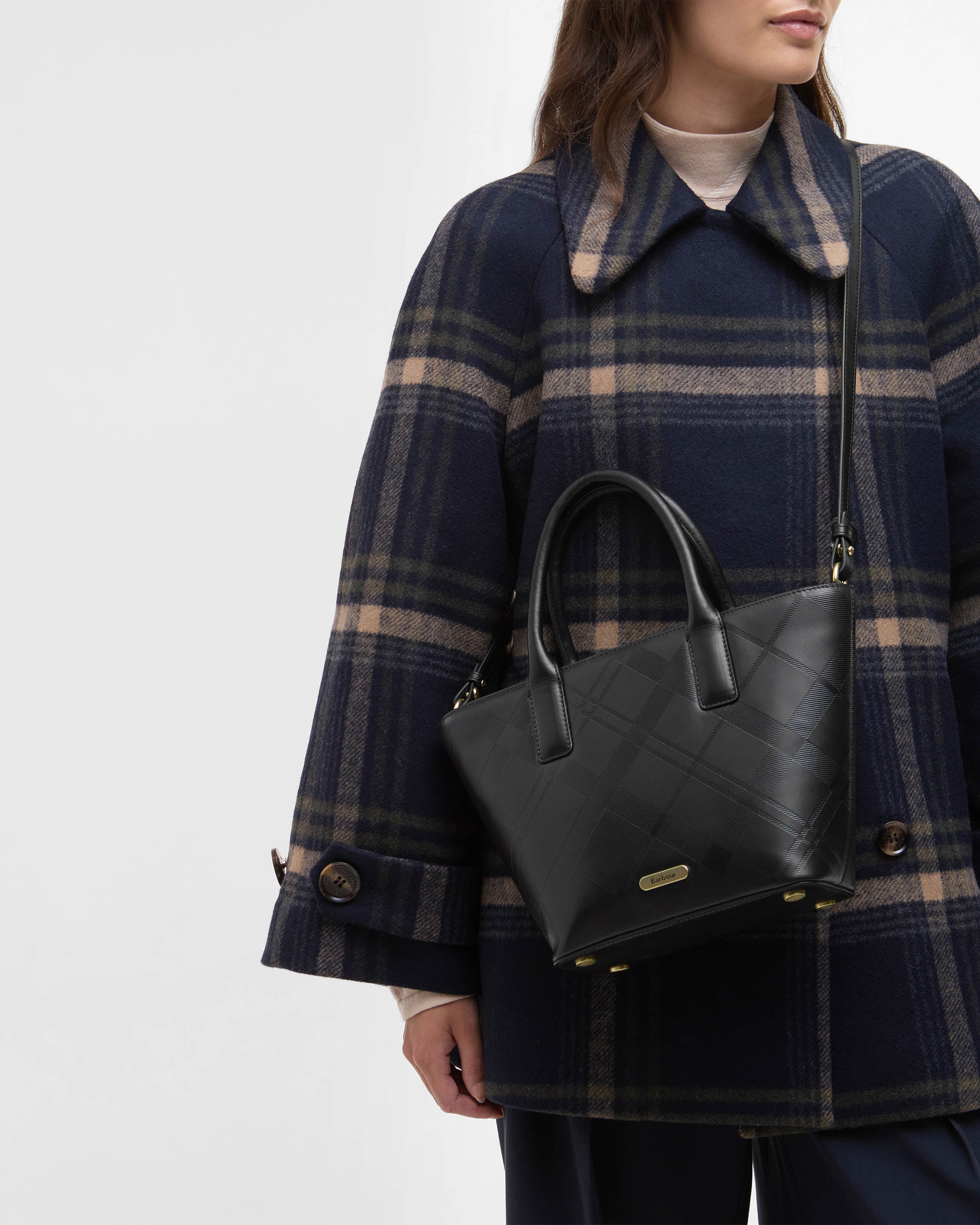 Barbour Birch Womens Deboss Leather Tote Bag - Black/Deboss Tartan - Image 2