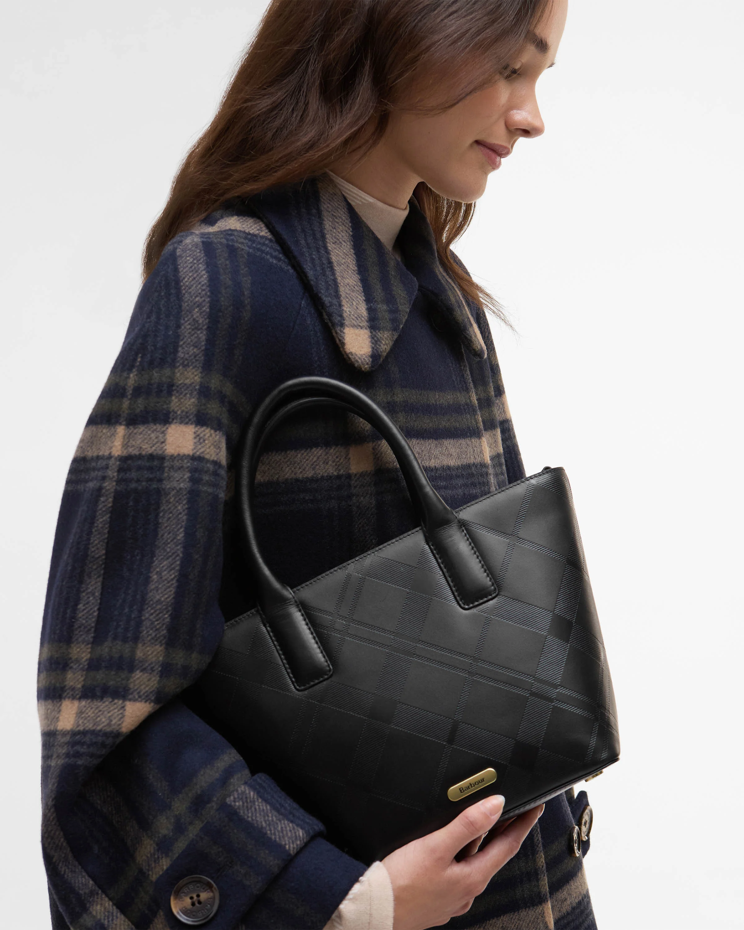Barbour Birch Womens Deboss Leather Tote Bag - Black/Deboss Tartan - Image 3