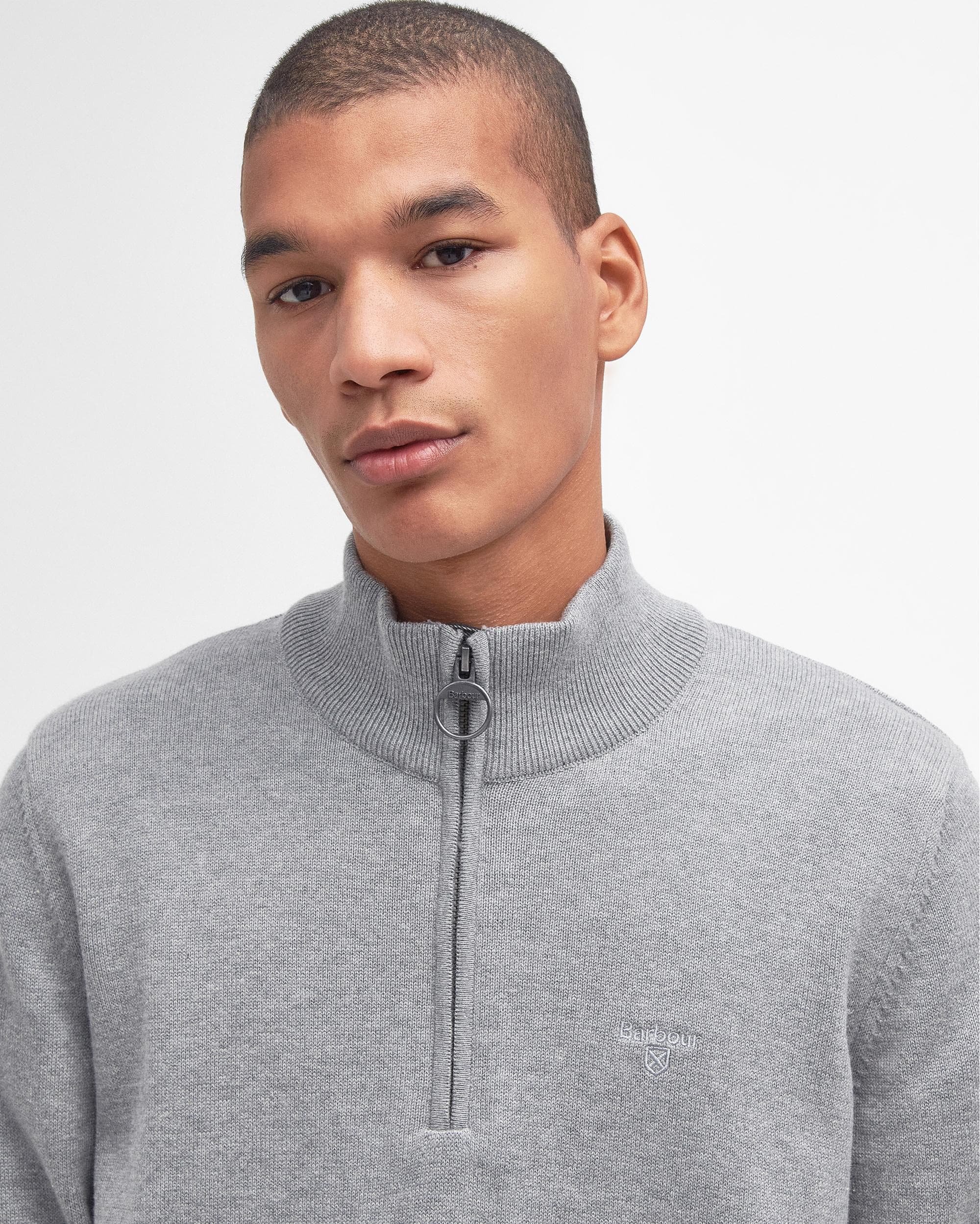 Barbour Cotton Mens Half Zip Jumper - Grey Marl - Image 2