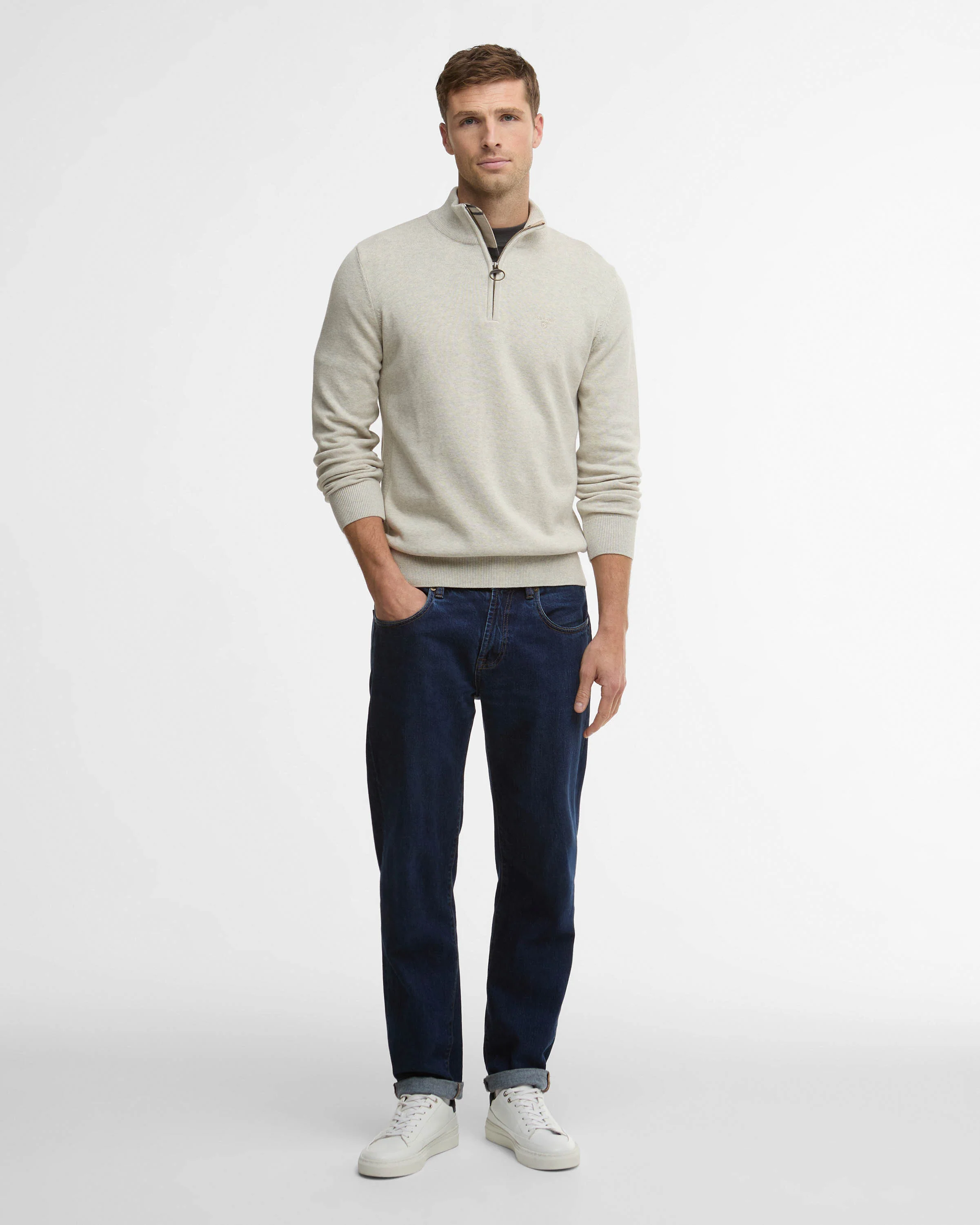 Barbour Cotton Mens Half Zip Jumper - Neutral - Image 3