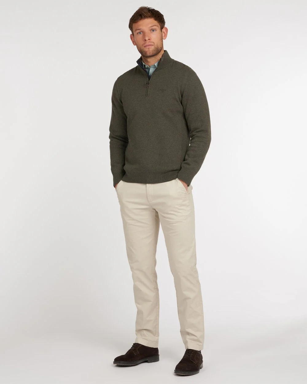 Barbour Cotton Mens Half Zip Jumper - Olive Marl - Image 3
