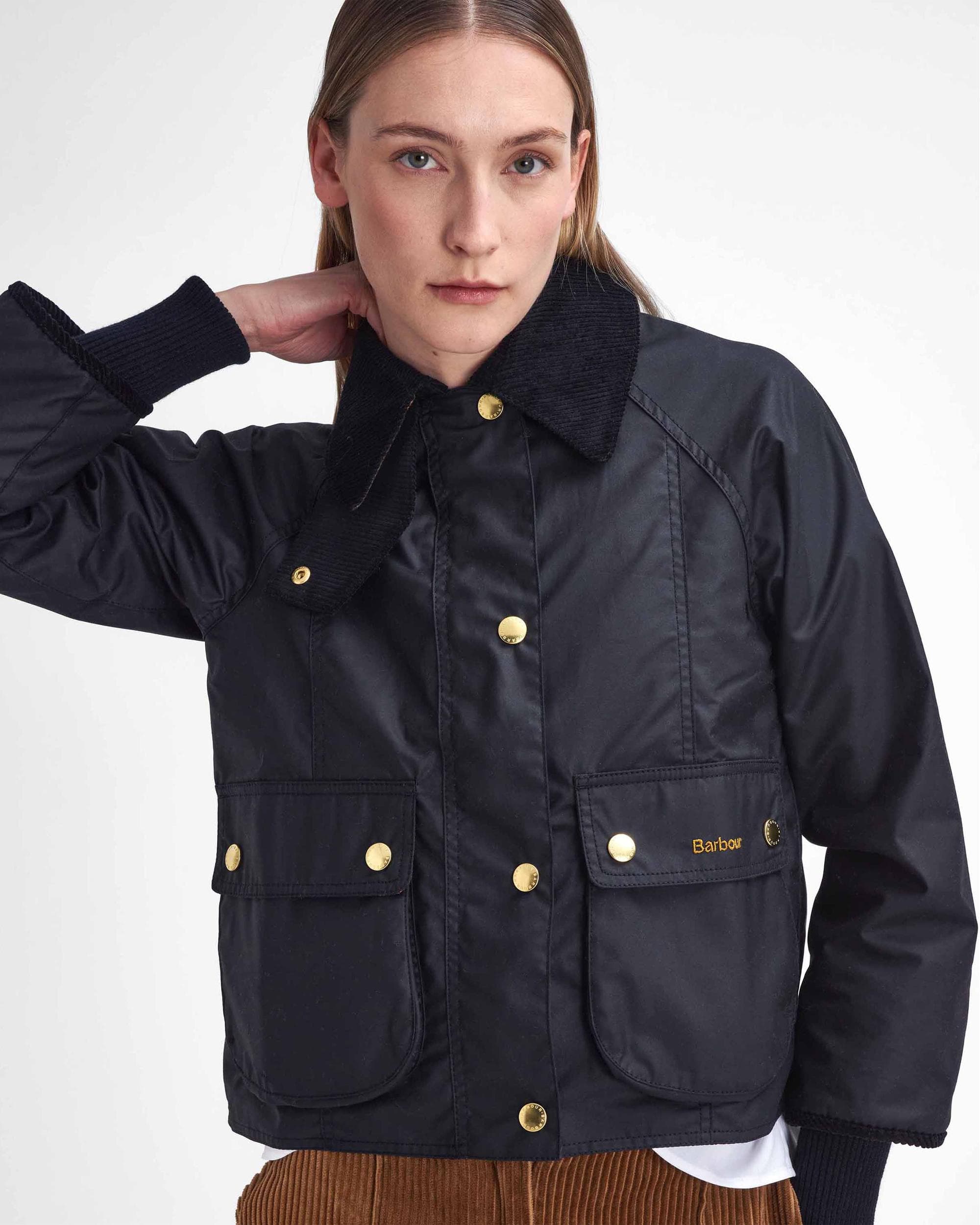 Barbour Cropped Beadnell Womens Wax Jacket - Black/Classic - Image 2