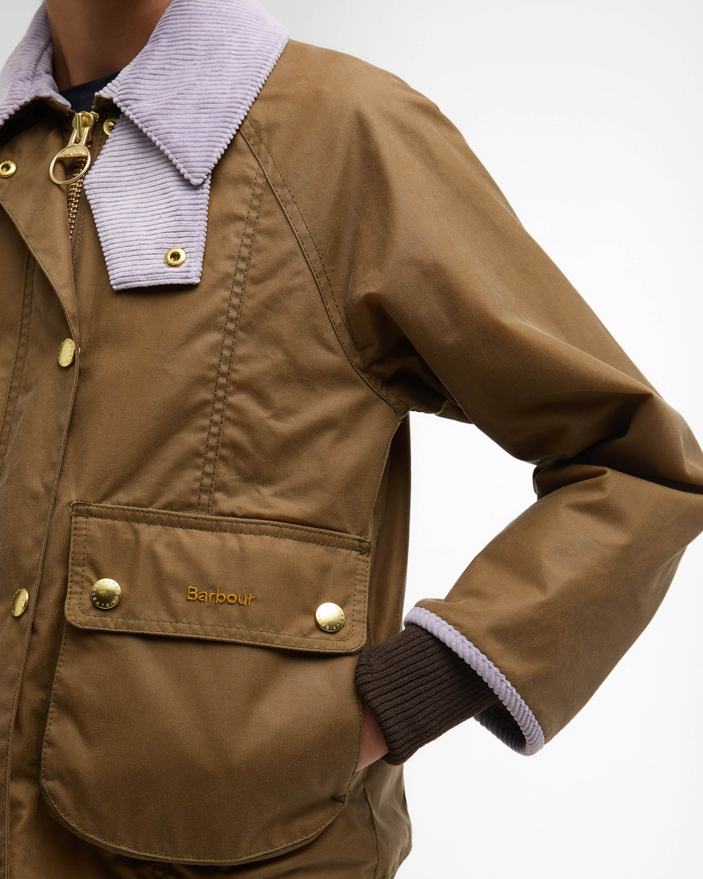 Barbour Cropped Beadnell Womens Wax Jacket - Sand/Dress/Heather Mist - Image 4