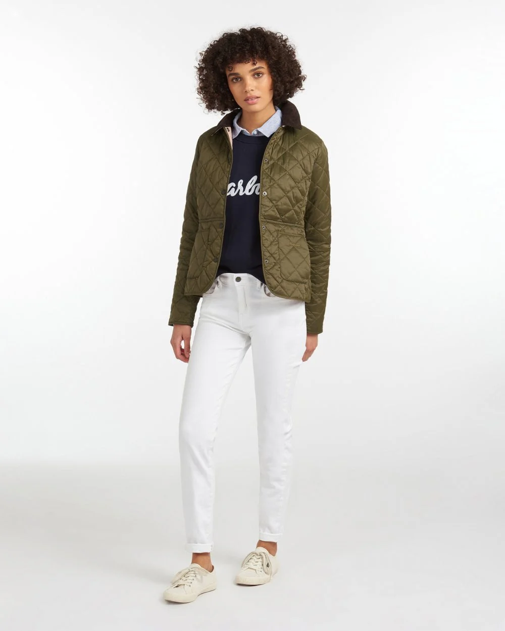 Barbour Deveron Quilted Womens Jacket - Olive/Pale Pink - Image 4
