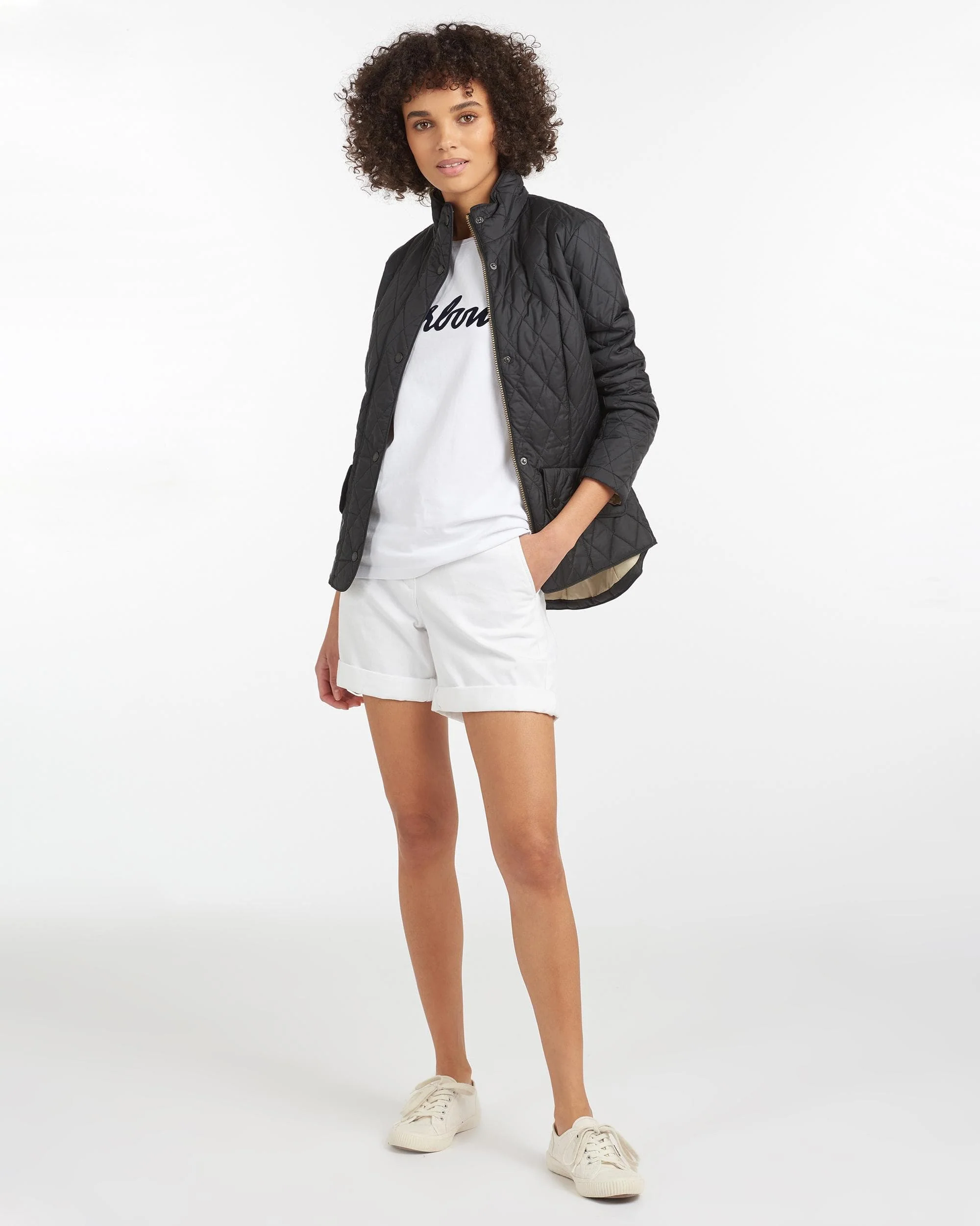 Barbour Flyweight Cavalry Quilted Ladies Jacket - Black/Stone - Image 3