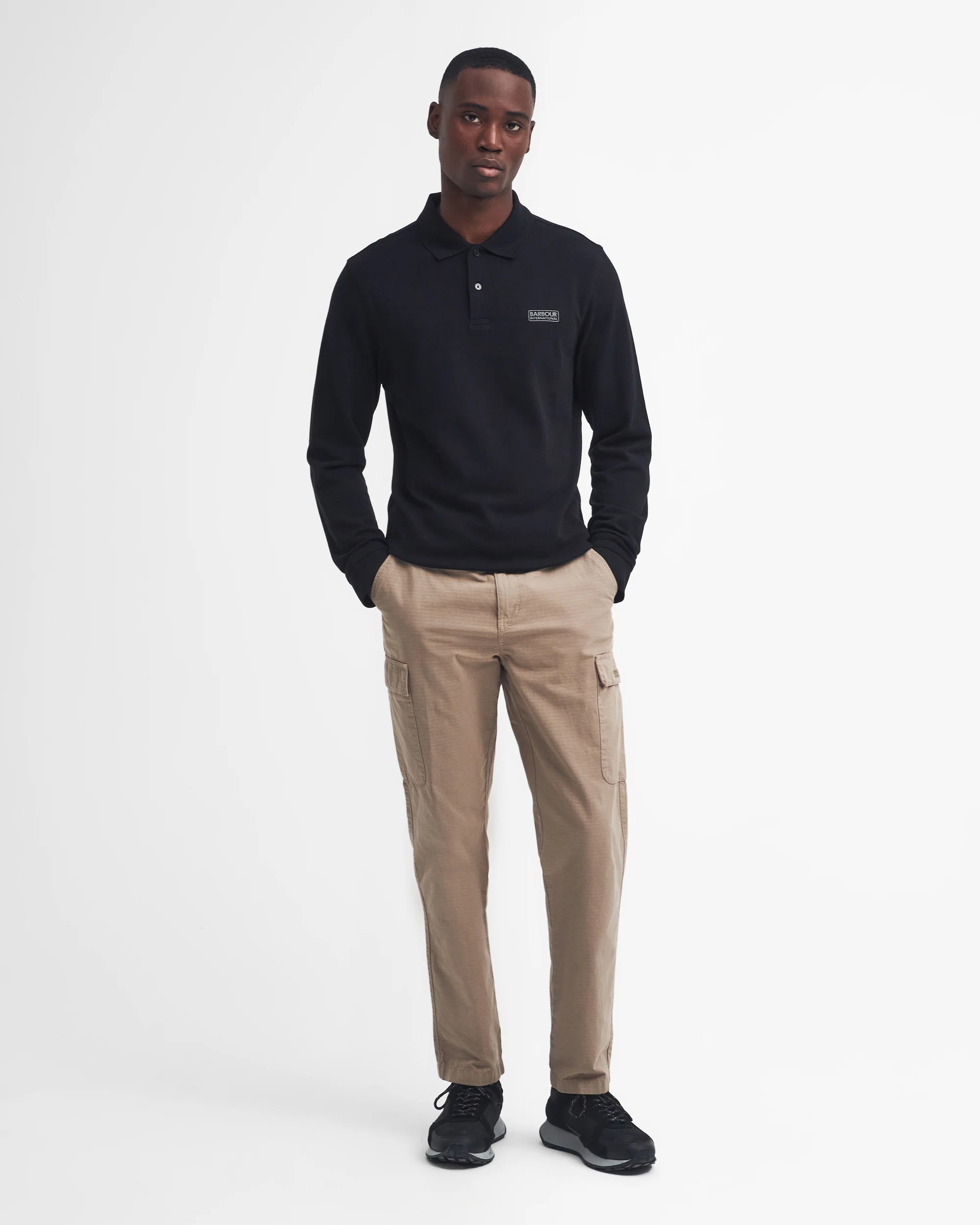 Barbour International Essential Mens Long Sleeve Polo - Black/Pewter - Image 3