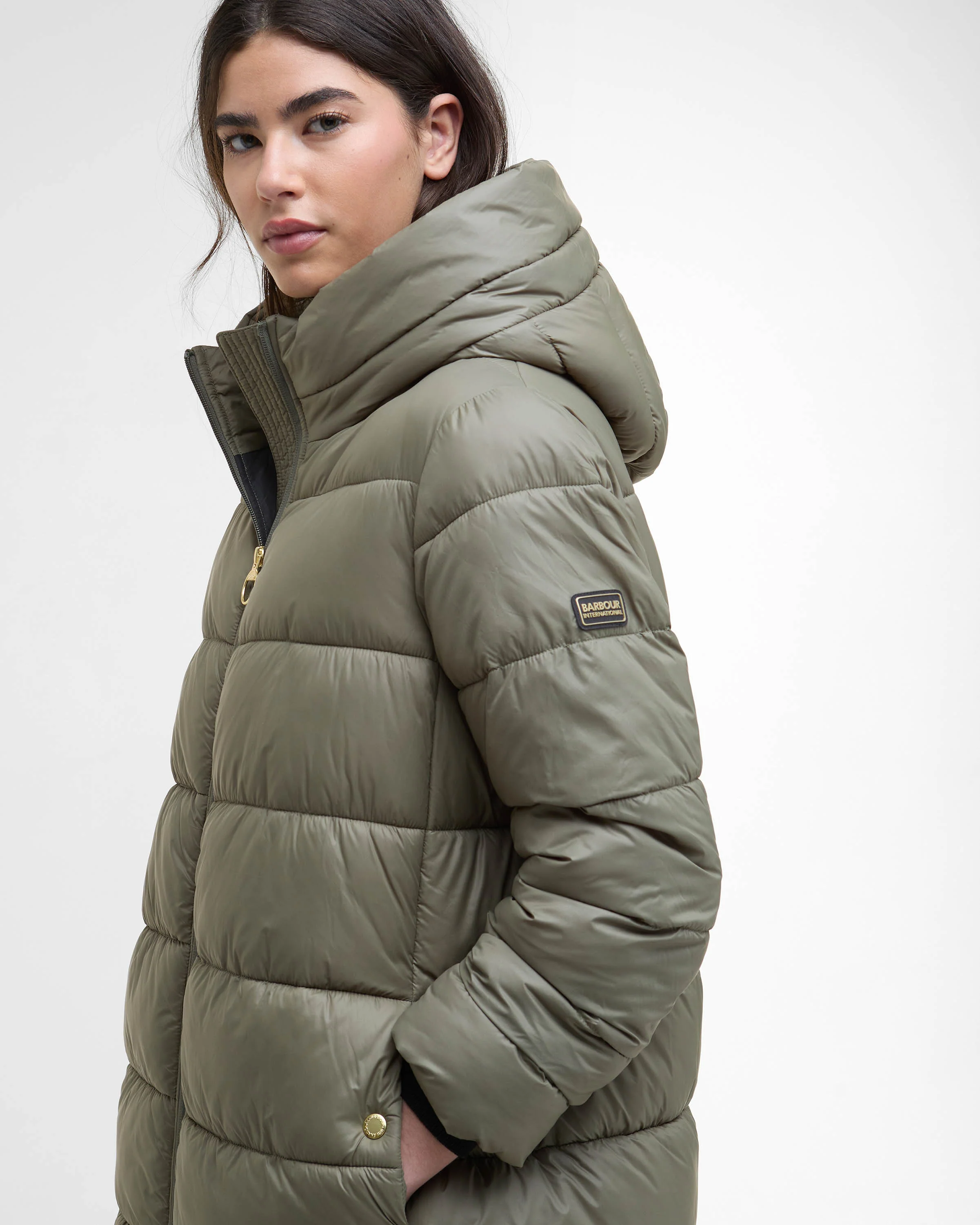 Barbour International Olivios Womens Longline Puffer Jacket - Dusky Khaki - Image 4