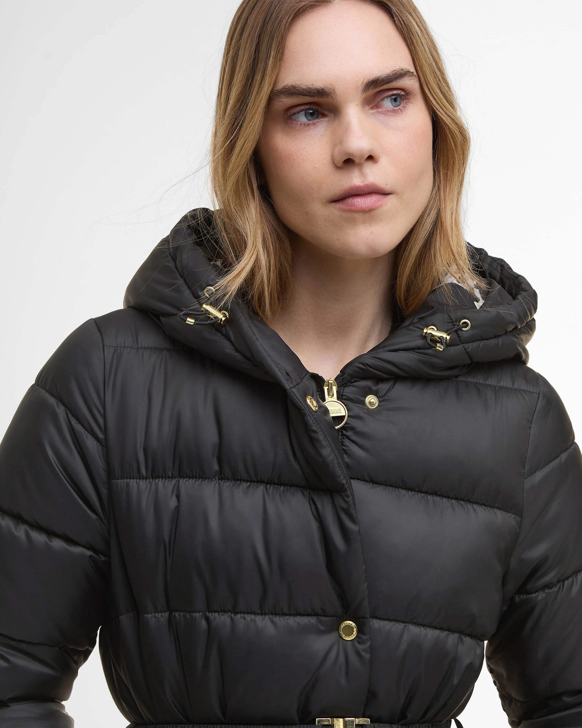 Barbour International Short Track Line Womens Puffer Jacket - Black/Jasmine Leopard Print - Image 2