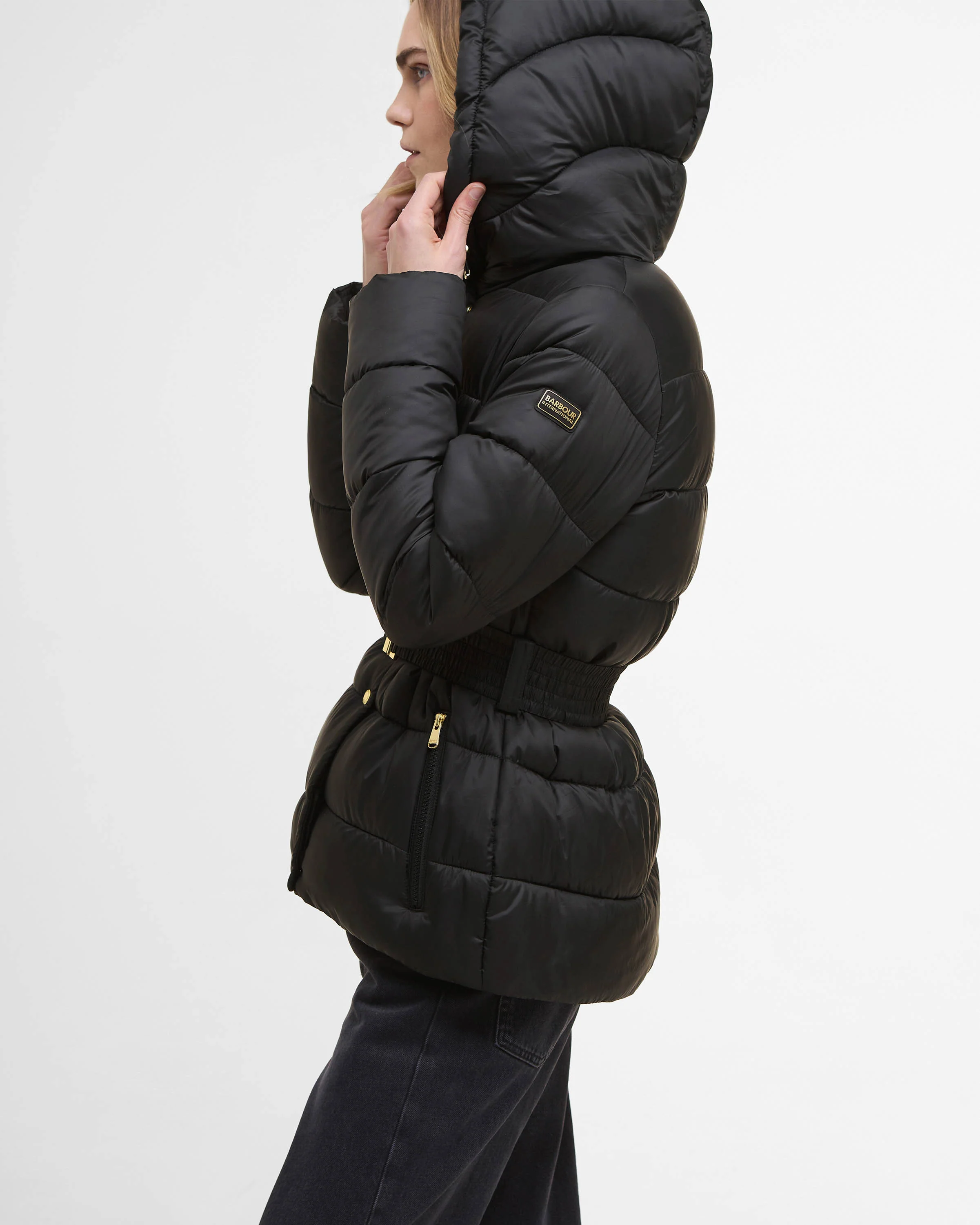 Barbour International Short Track Line Womens Puffer Jacket - Black/Jasmine Leopard Print - Image 3