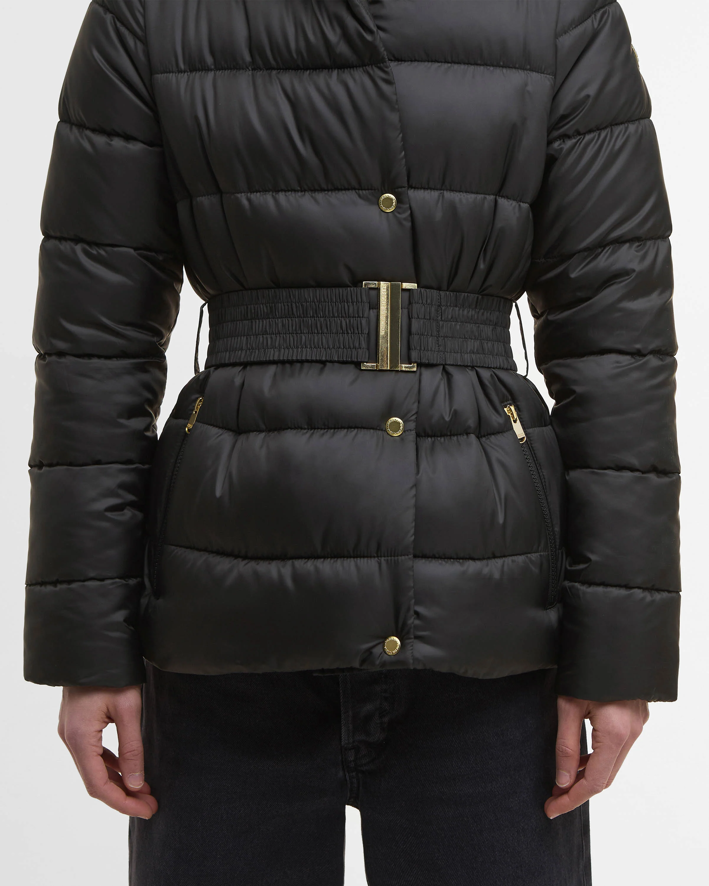 Barbour International Short Track Line Womens Puffer Jacket - Black/Jasmine Leopard Print - Image 4