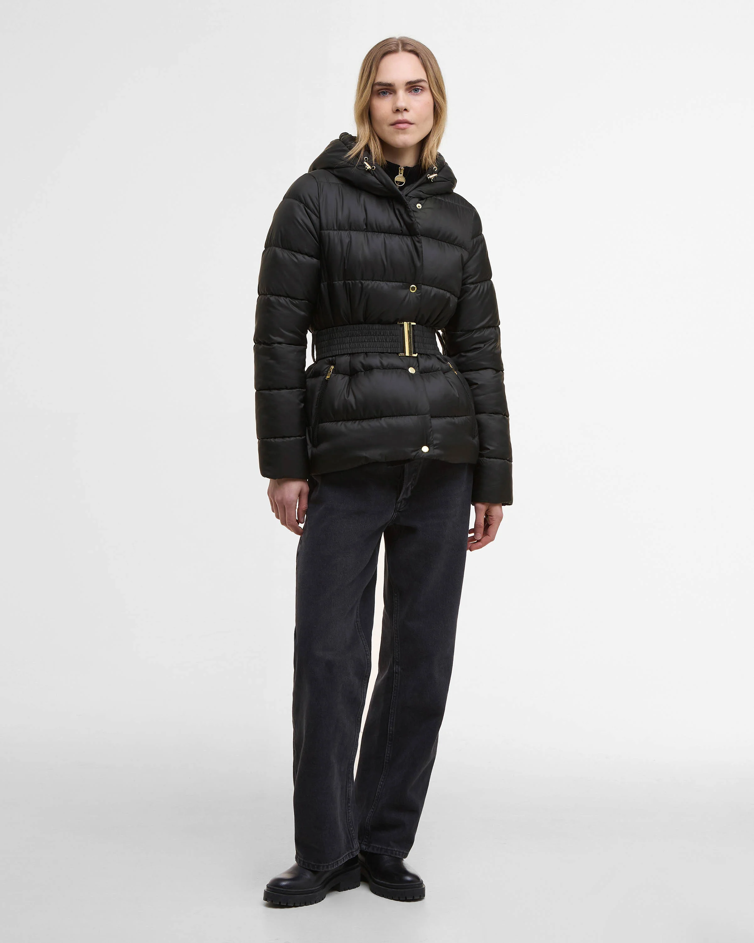 Barbour International Short Track Line Womens Puffer Jacket - Black/Jasmine Leopard Print - Image 5