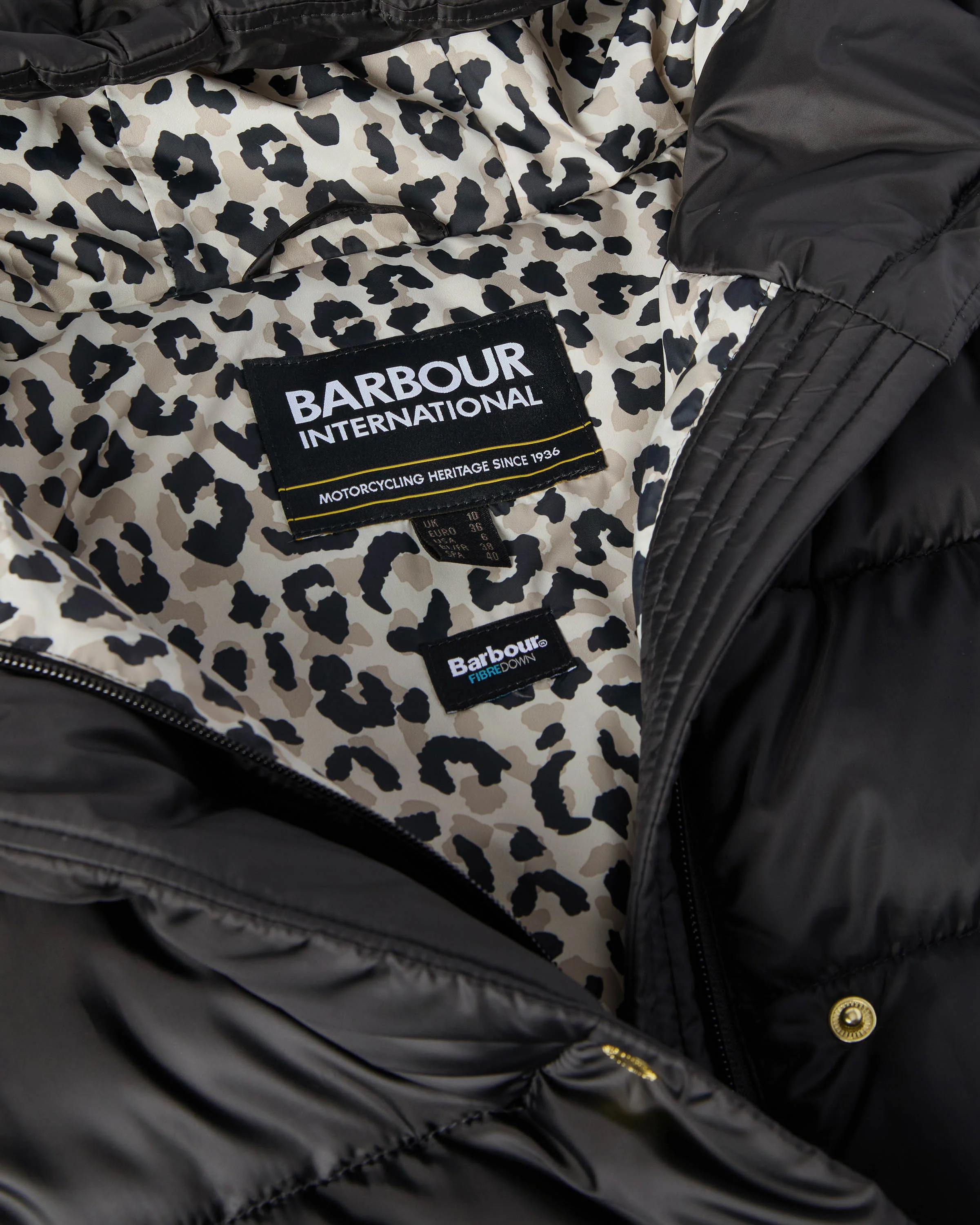 Barbour International Short Track Line Womens Puffer Jacket - Black/Jasmine Leopard Print - Image 6
