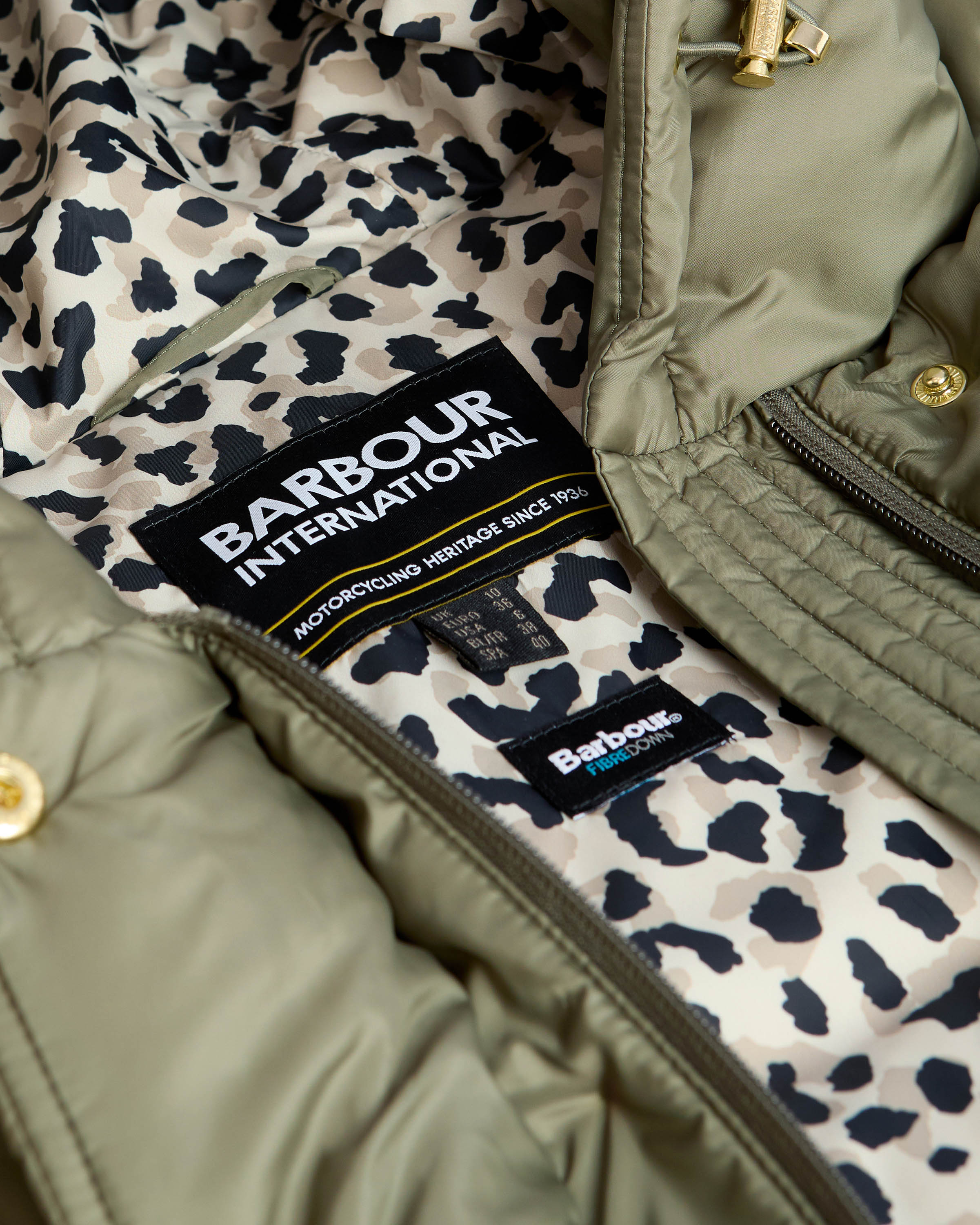 Barbour International Short Track Line Womens Puffer Jacket - Dusky Khaki/Jasmine Leopard Print - Image 2