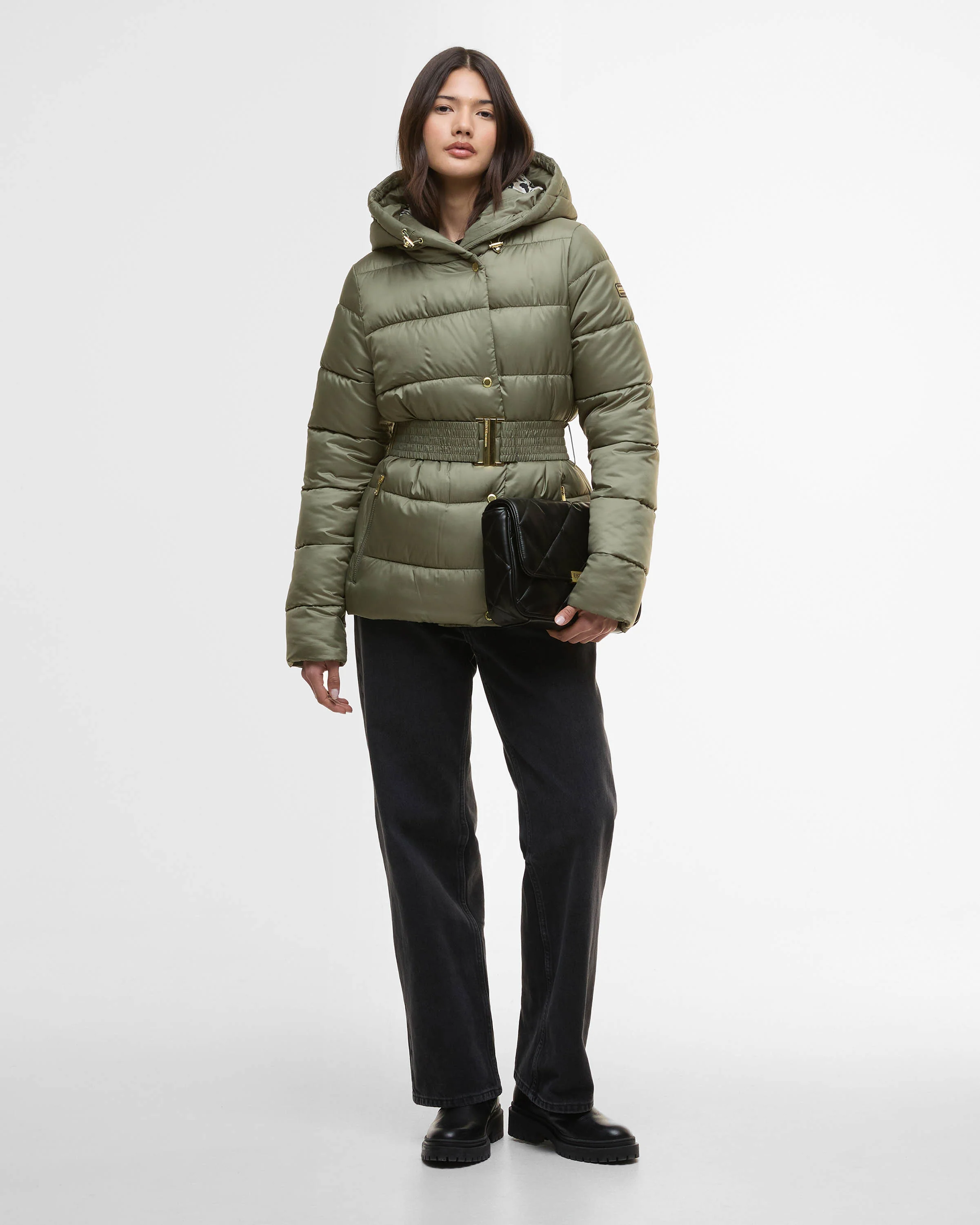 Barbour International Short Track Line Womens Puffer Jacket - Dusky Khaki/Jasmine Leopard Print - Image 3