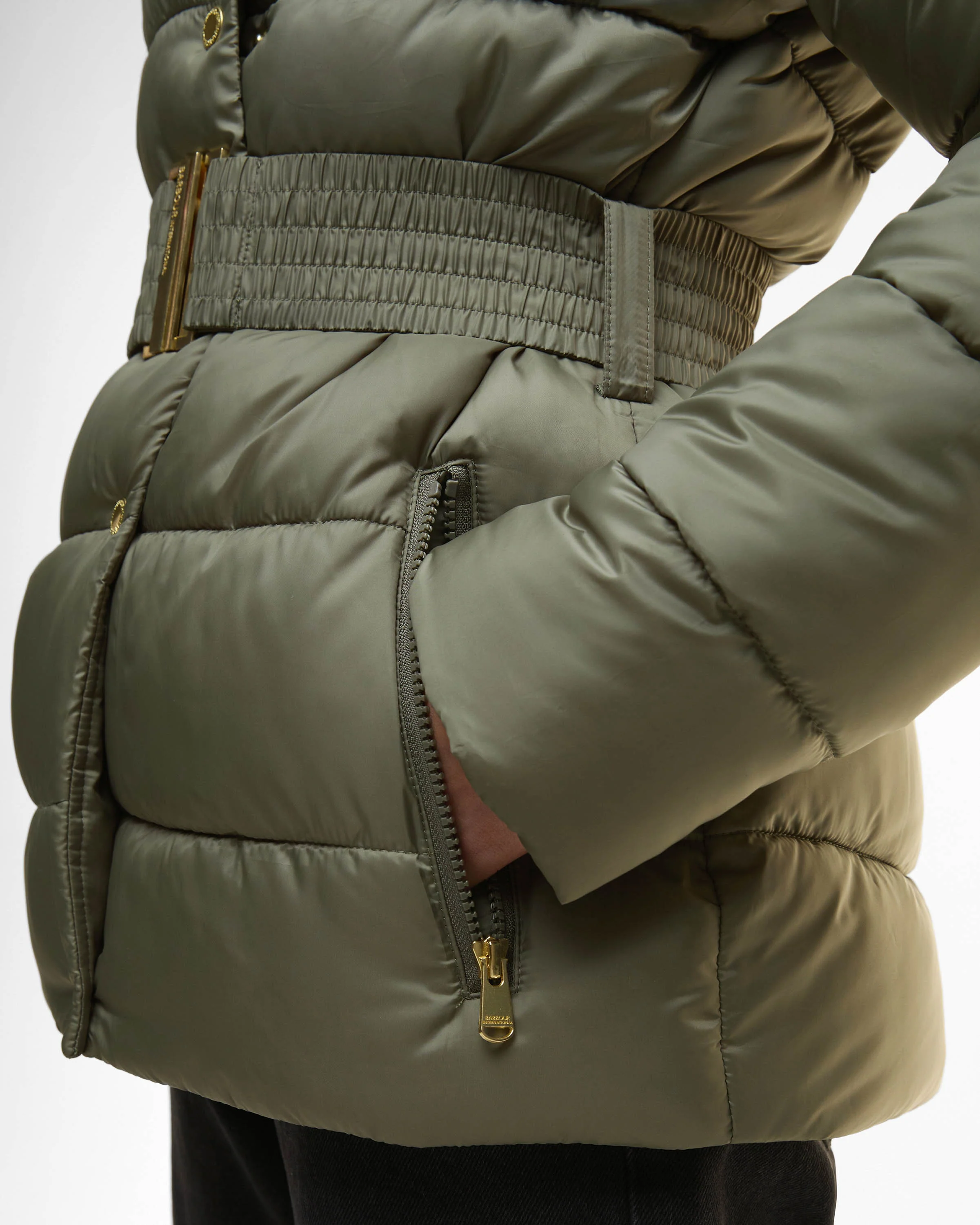 Barbour International Short Track Line Womens Puffer Jacket - Dusky Khaki/Jasmine Leopard Print - Image 4