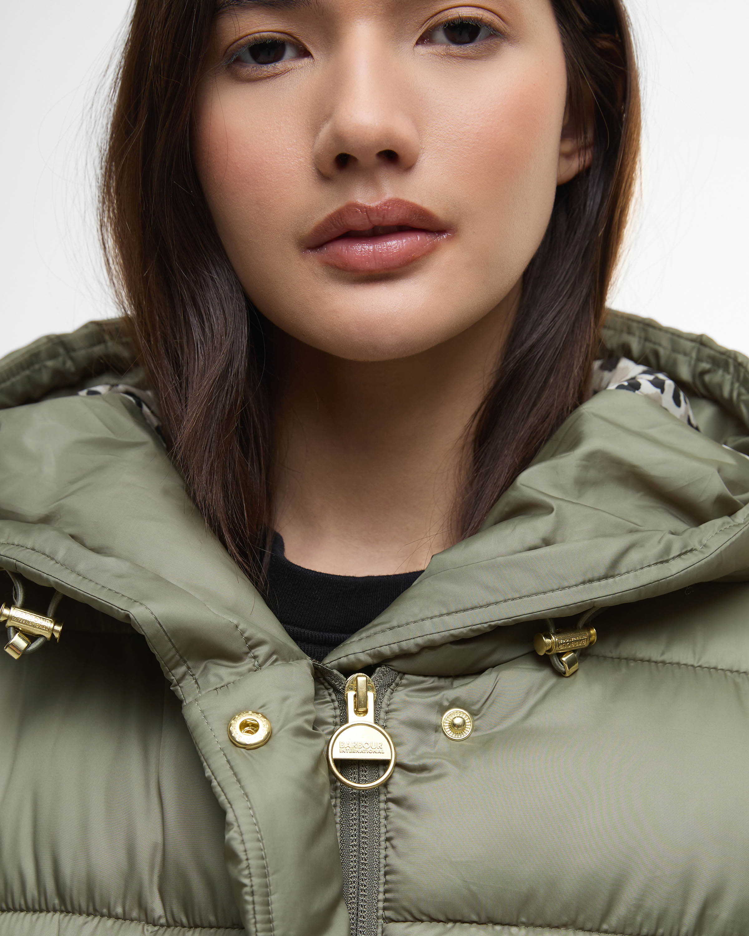 Barbour International Short Track Line Womens Puffer Jacket - Dusky Khaki/Jasmine Leopard Print - Image 5