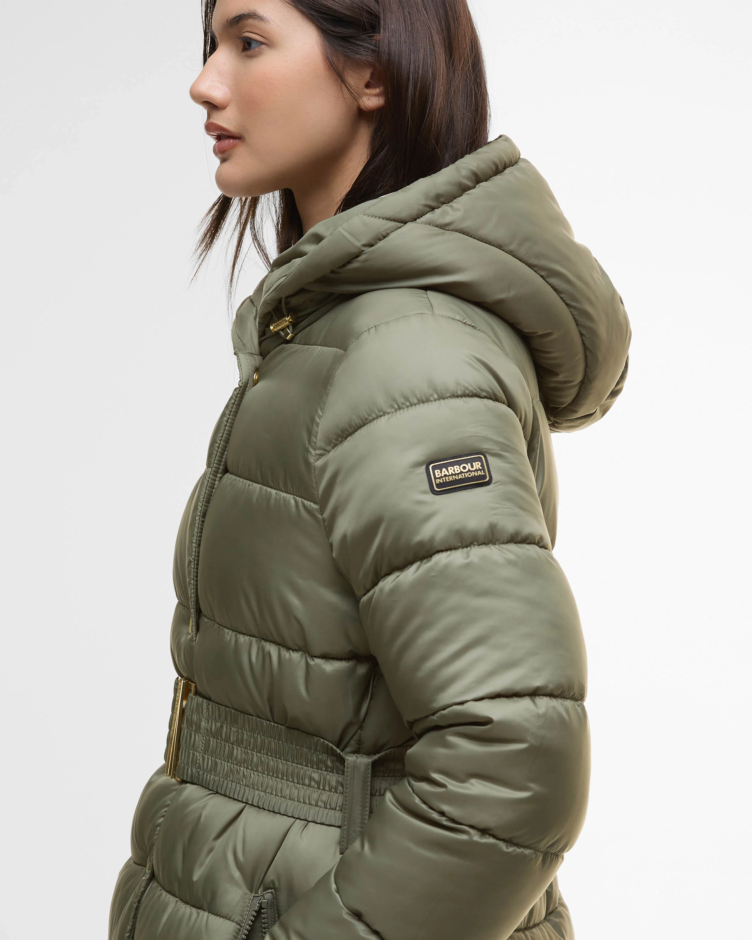 Barbour International Short Track Line Womens Puffer Jacket - Dusky Khaki/Jasmine Leopard Print - Image 6