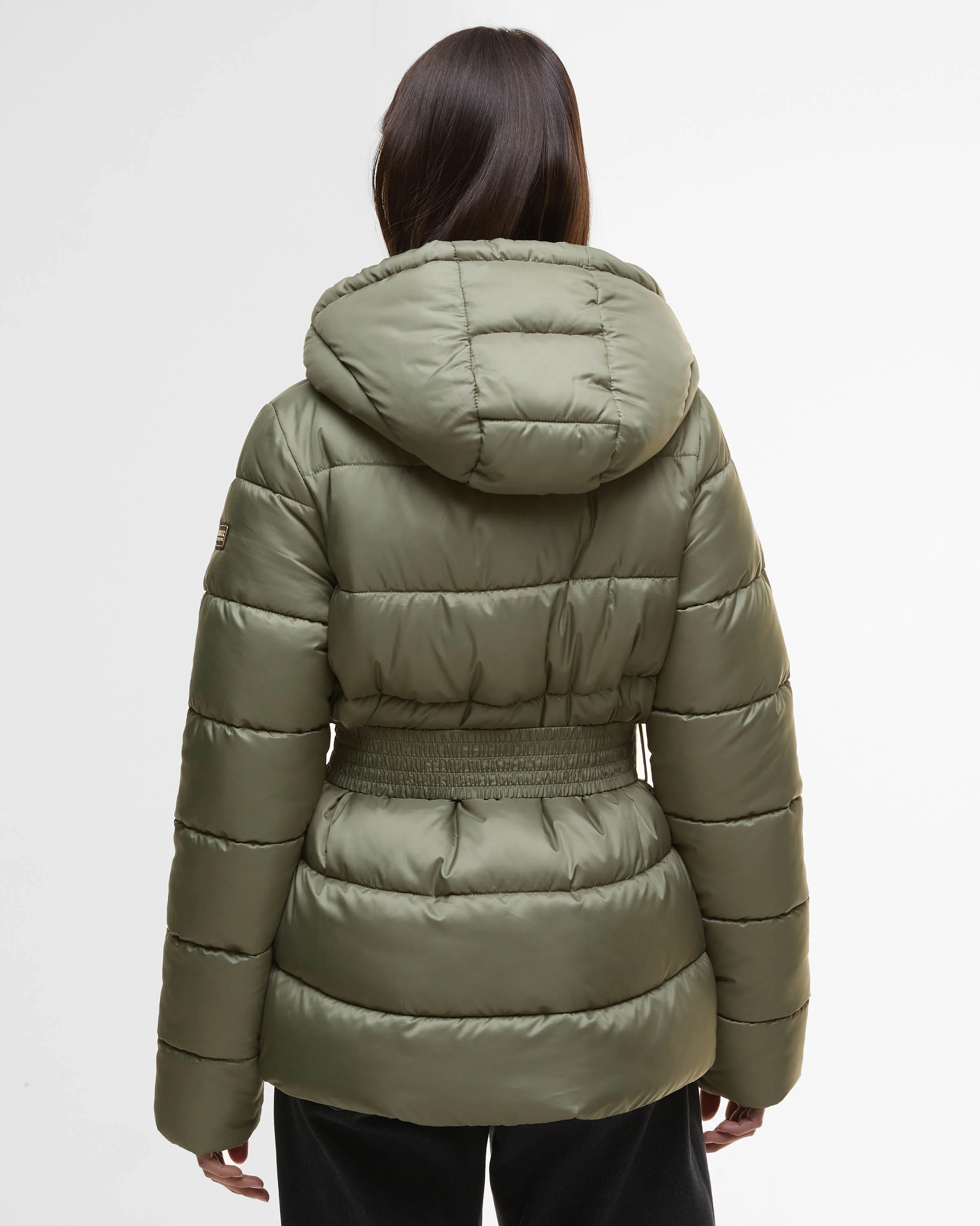 Barbour International Short Track Line Womens Puffer Jacket - Dusky Khaki/Jasmine Leopard Print - Image 7
