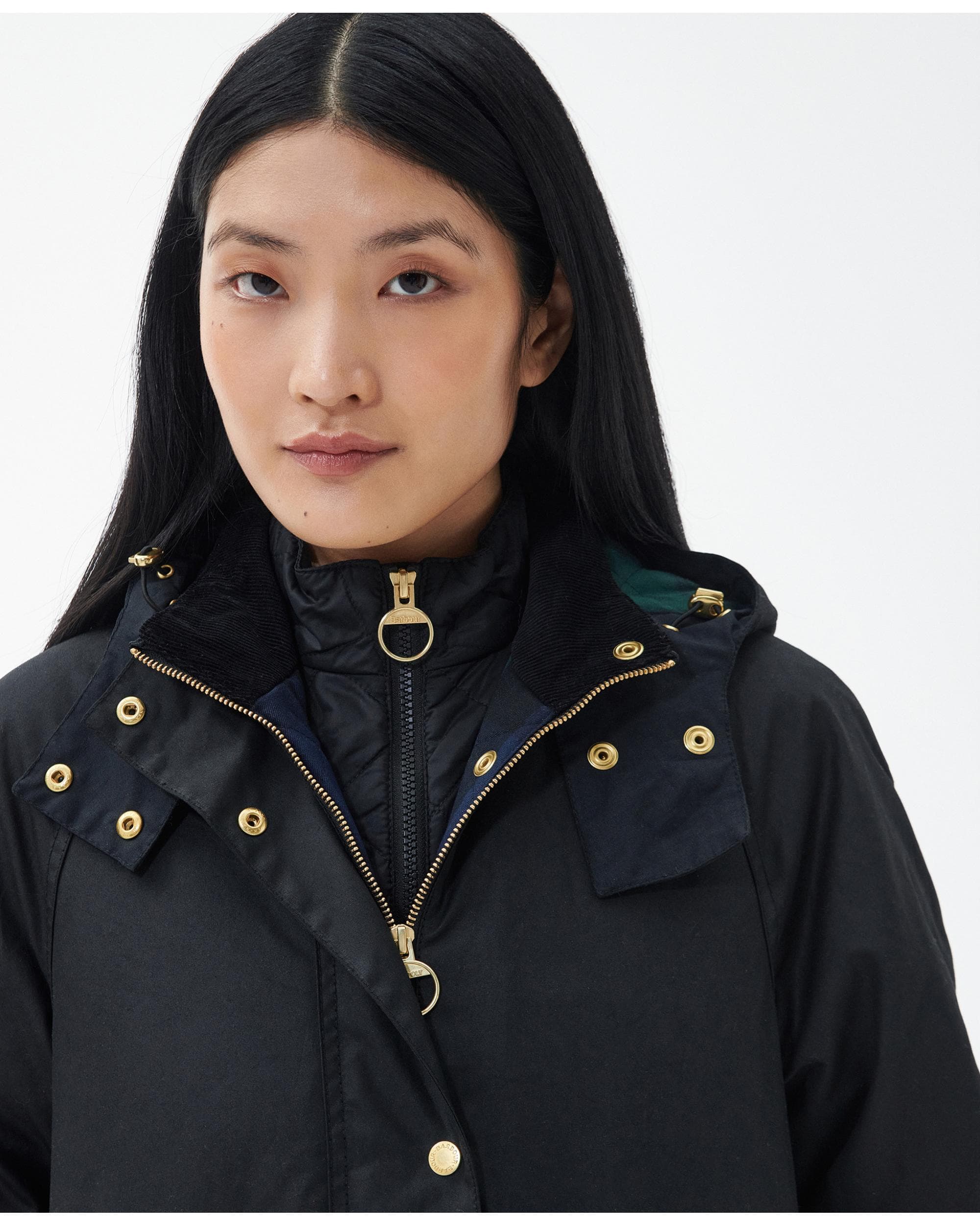 Barbour Long Cannich Womens Wax Jacket - Black/Black Sage Tartan - Image 3