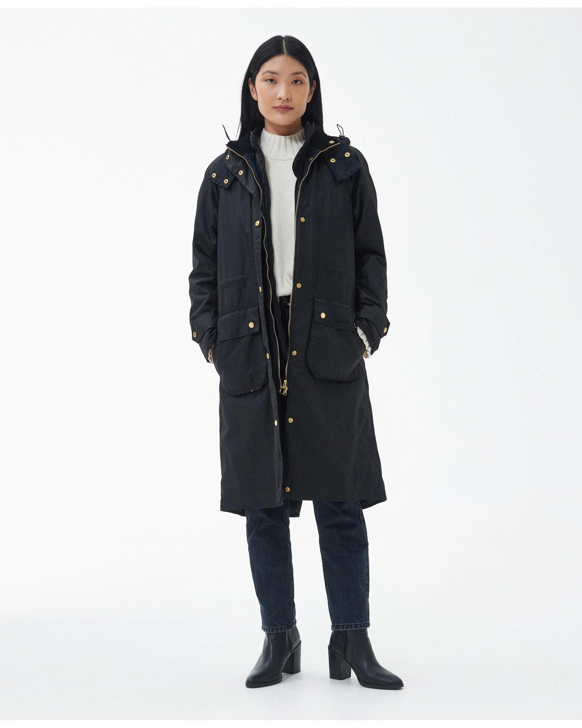 Barbour Long Cannich Womens Wax Jacket - Black/Black Sage Tartan - Image 4