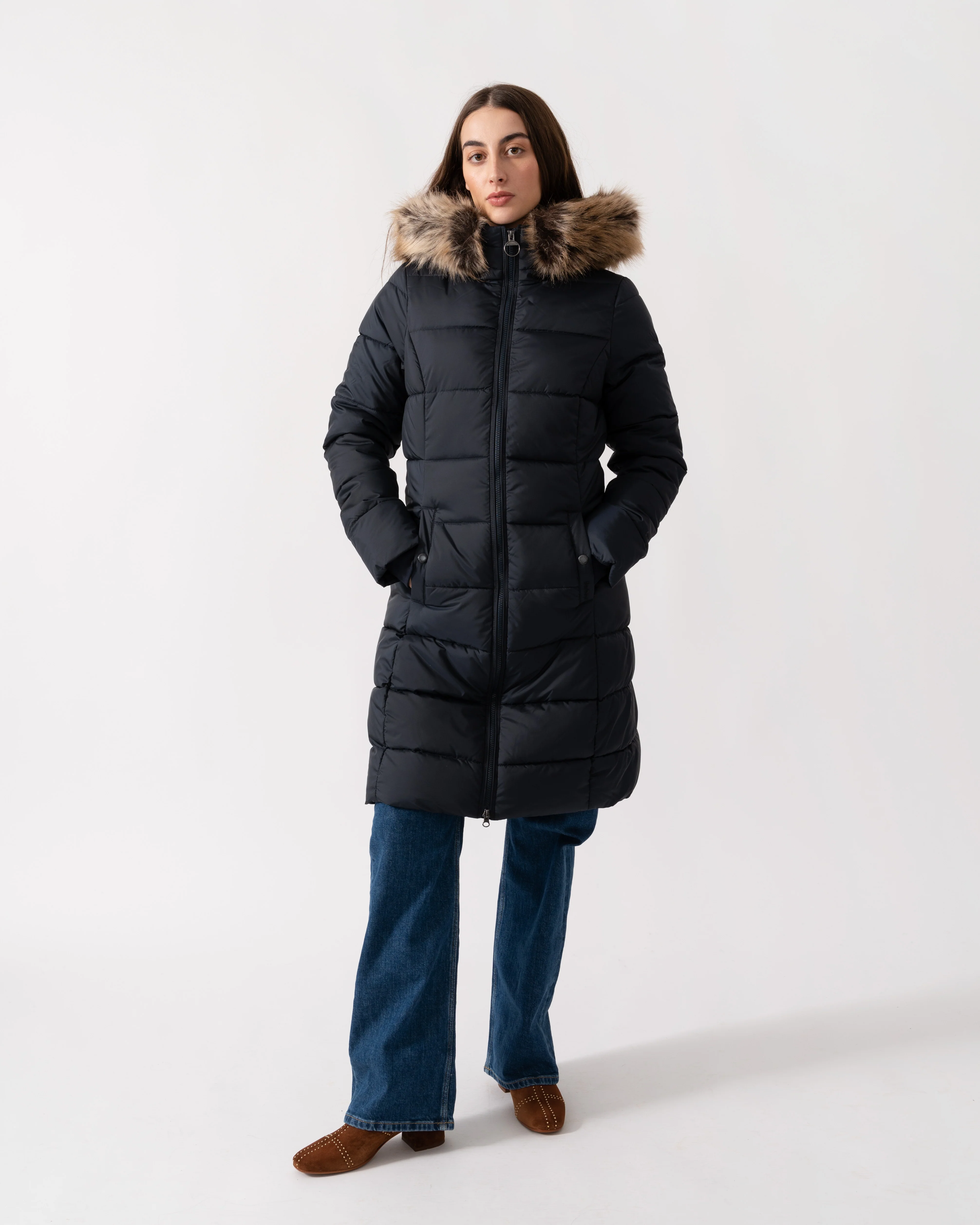 Barbour Rosoman Womens Long Puffer Jacket - Dark Navy - Image 2