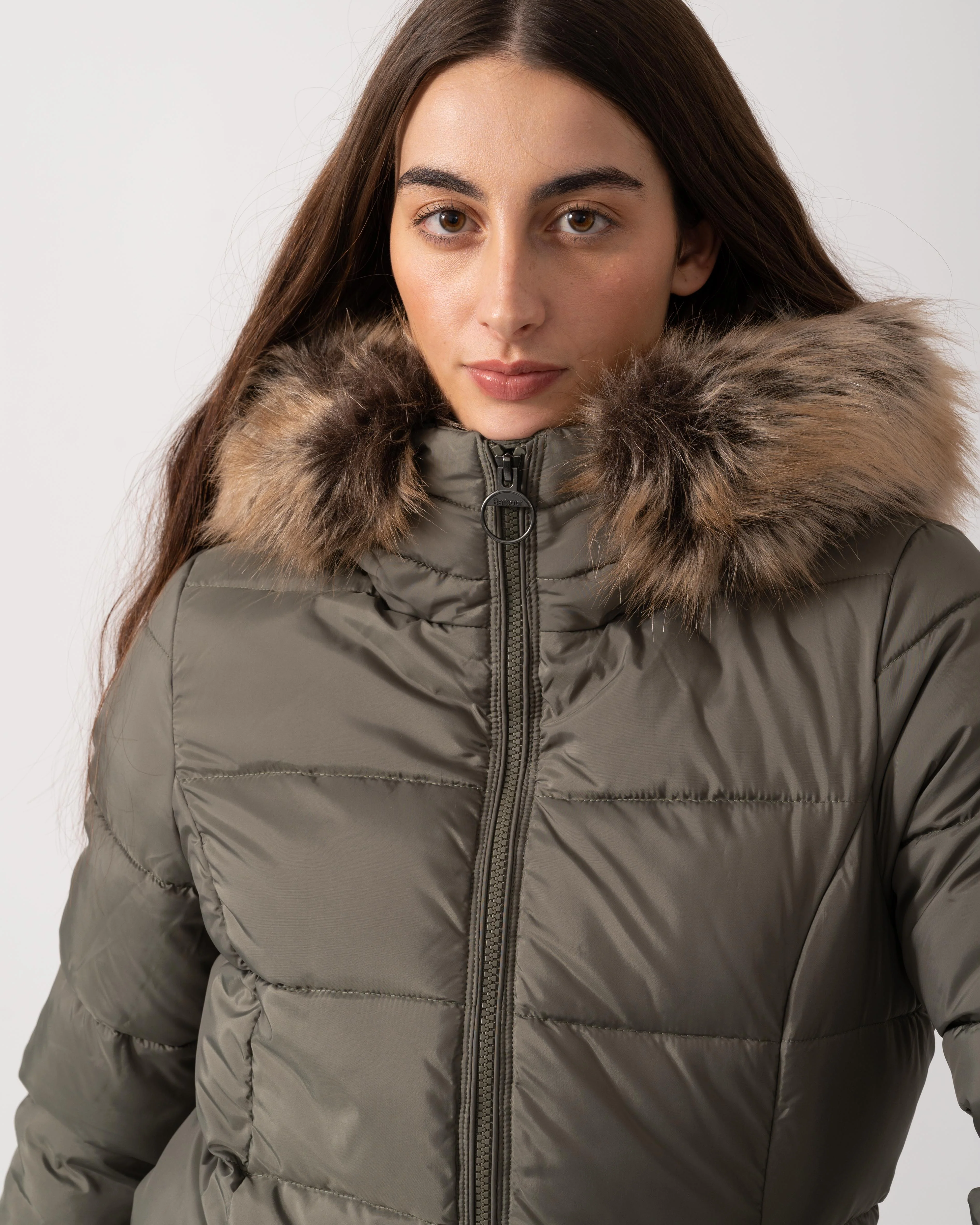 Barbour Rosoman Womens Long Puffer Jacket - Dusty Khaki - Image 2