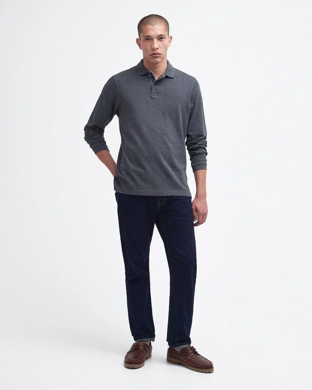 Barbour Sports Mens Long Sleeve Polo Shirt - Slate Marl - Image 3