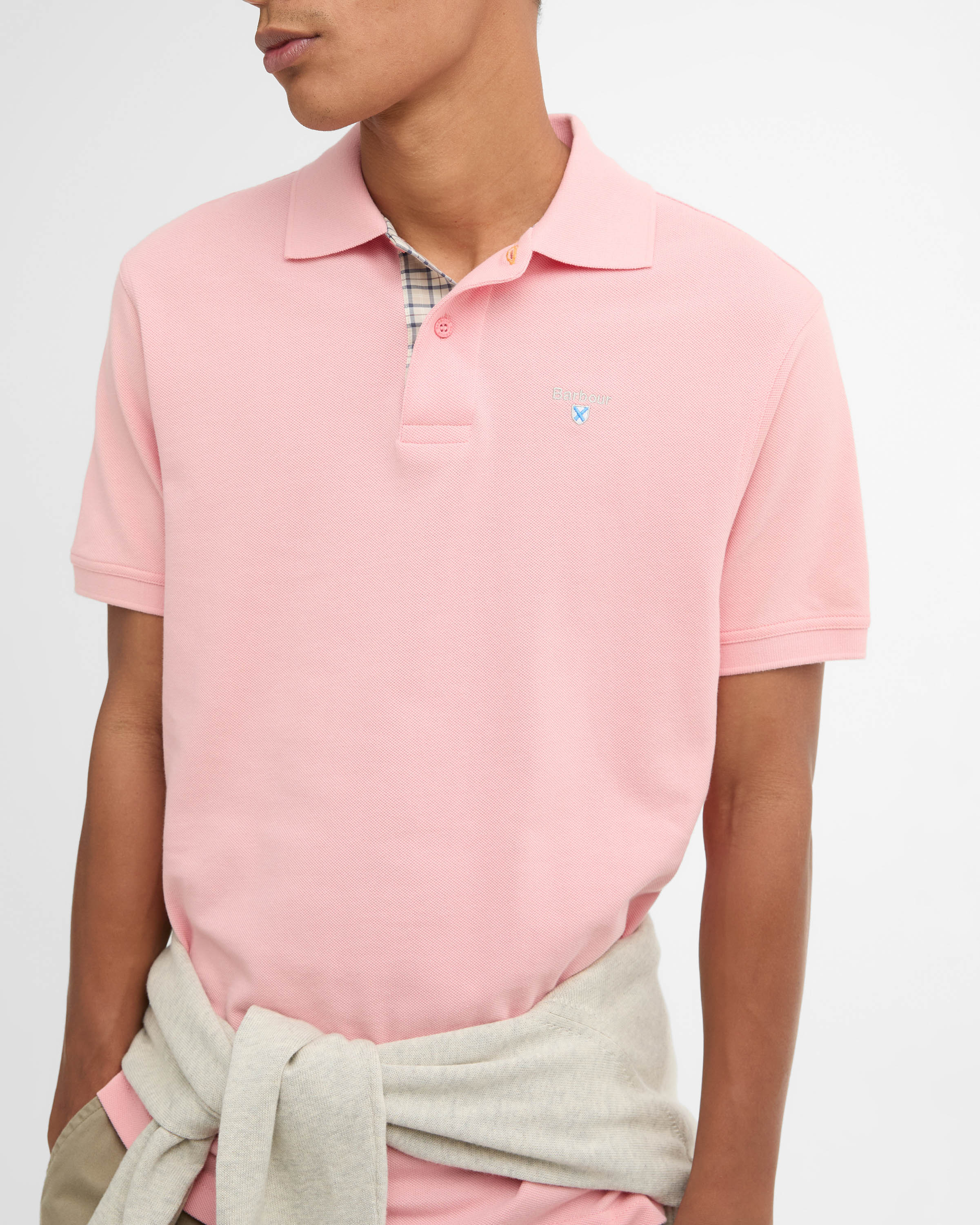 Barbour Tartan Pique Mens Polo - Mineral Pink - Image 3