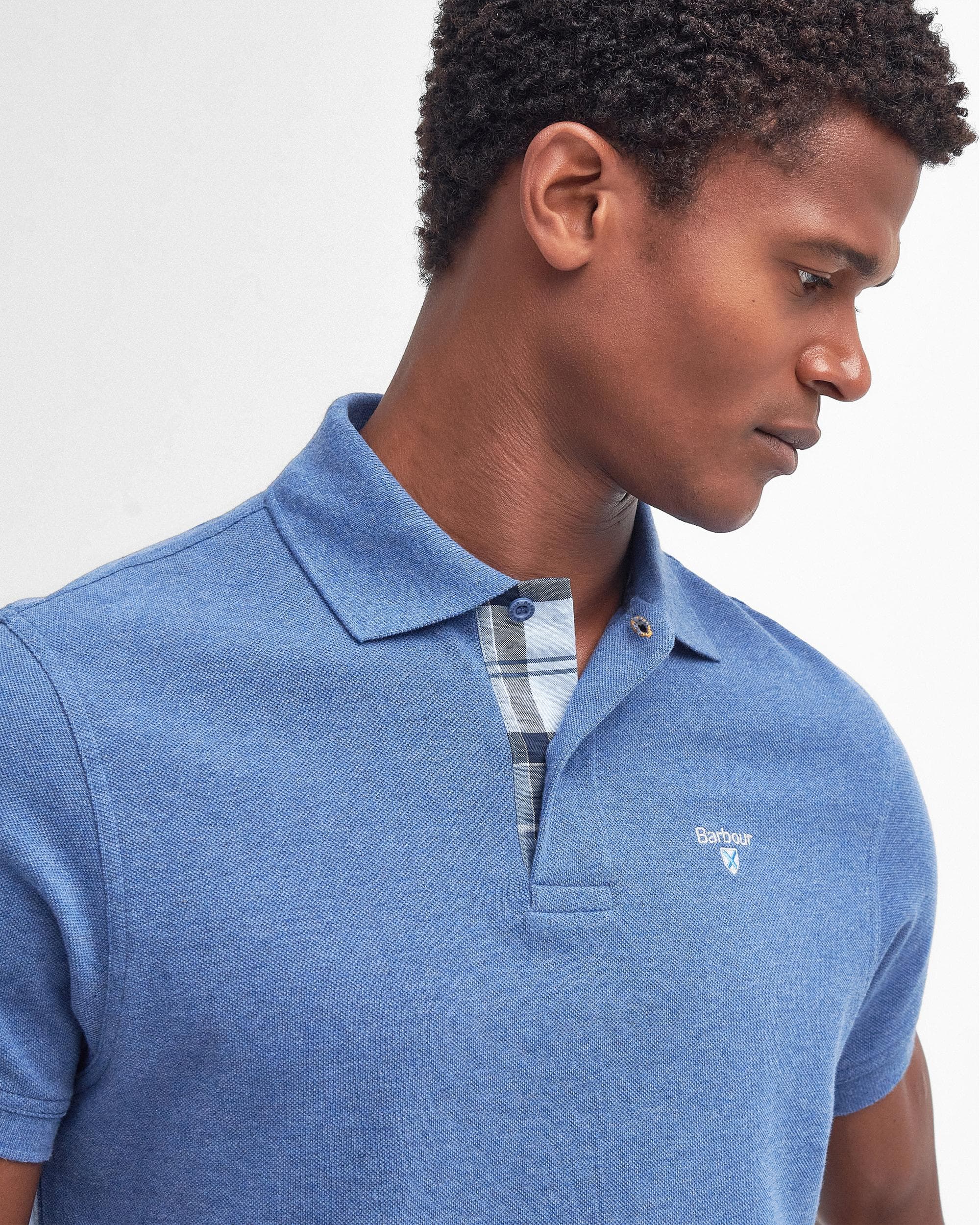 Barbour Tartan Pique Mens Polo - Dark Chambray Marl - Image 2