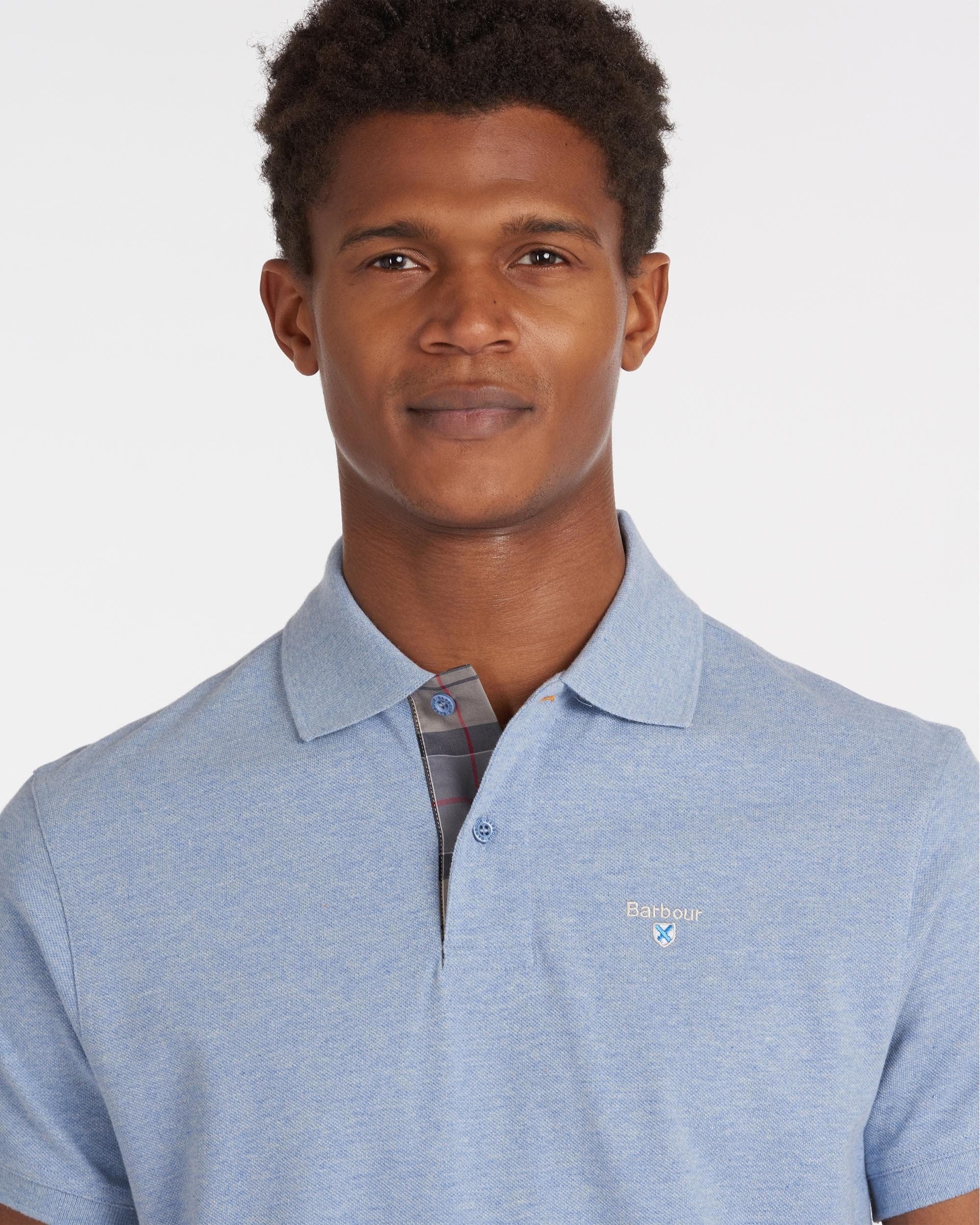 Barbour Tartan Pique Mens Polo - Sky Marl/Dress - Image 2