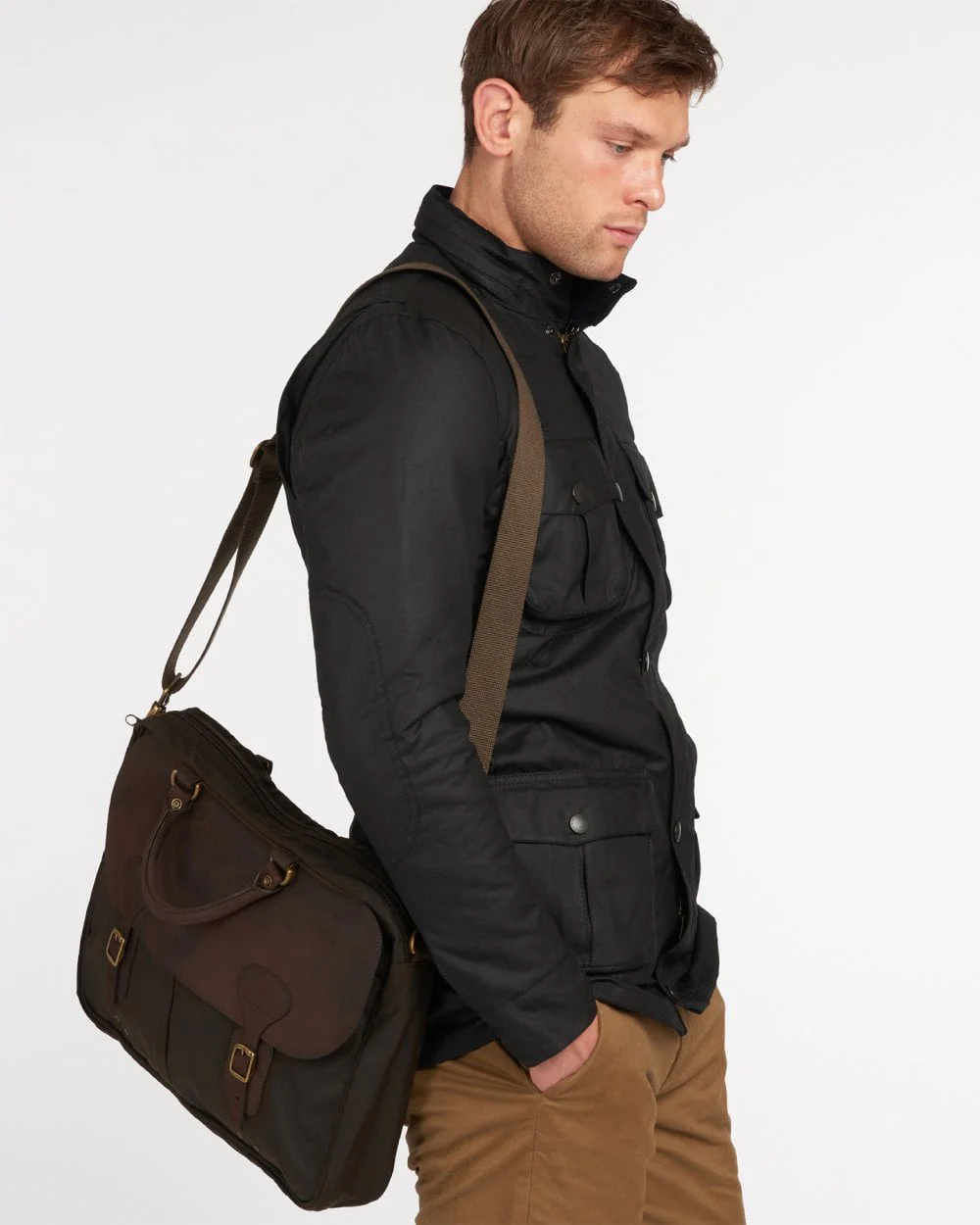 Barbour Wax Unisex Leather Briefcase - Olive - Image 2