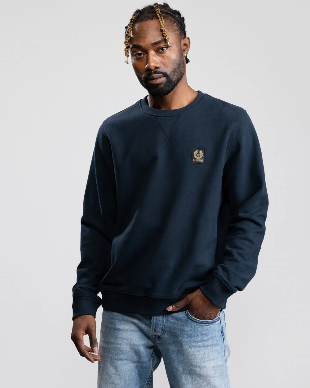 Belstaff Mens Crew Neck Sweatshirt With Logo Patch - Dark Ink