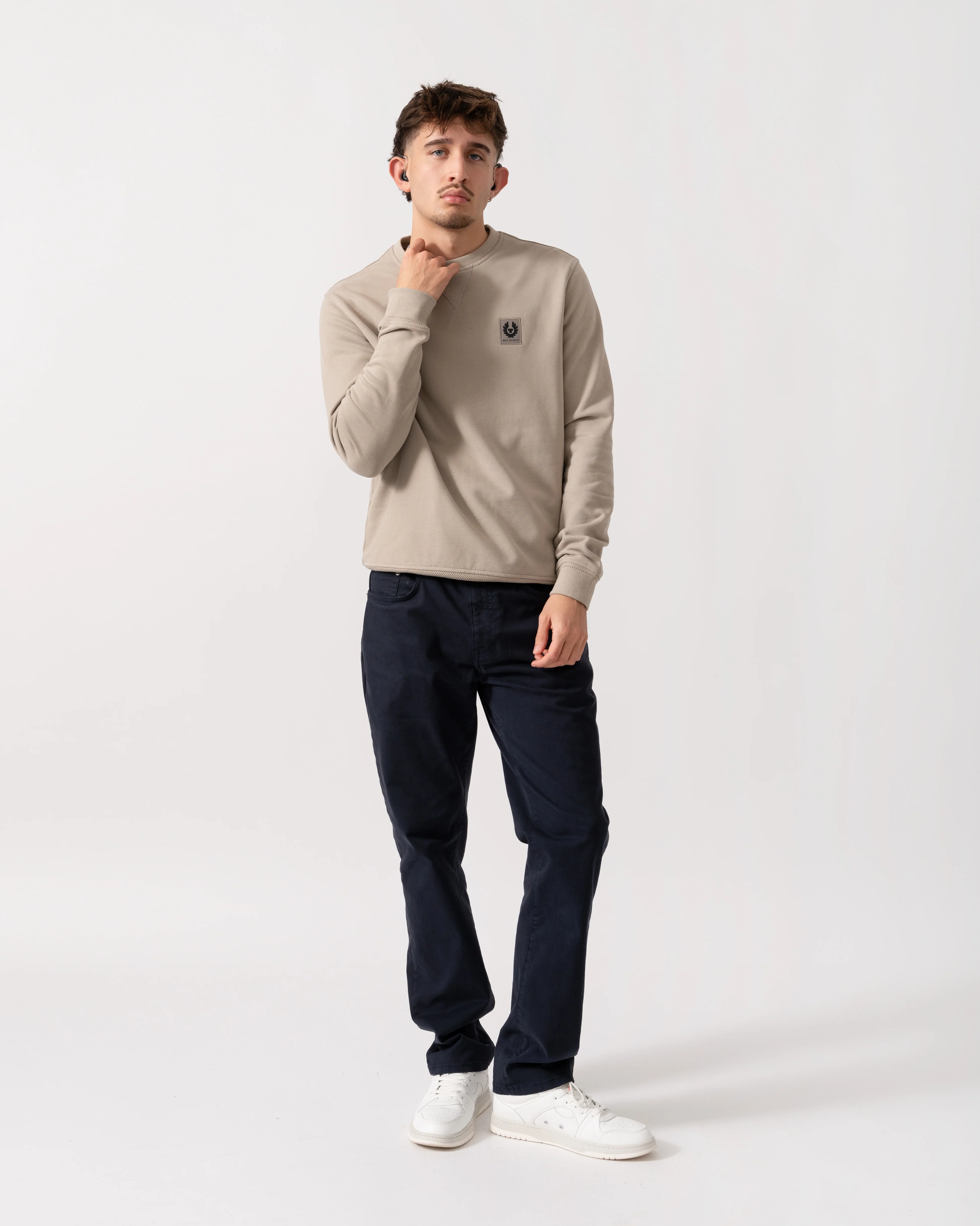 Belstaff Mens Crew Neck Sweatshirt With Logo Patch - Dark Sand - Image 2