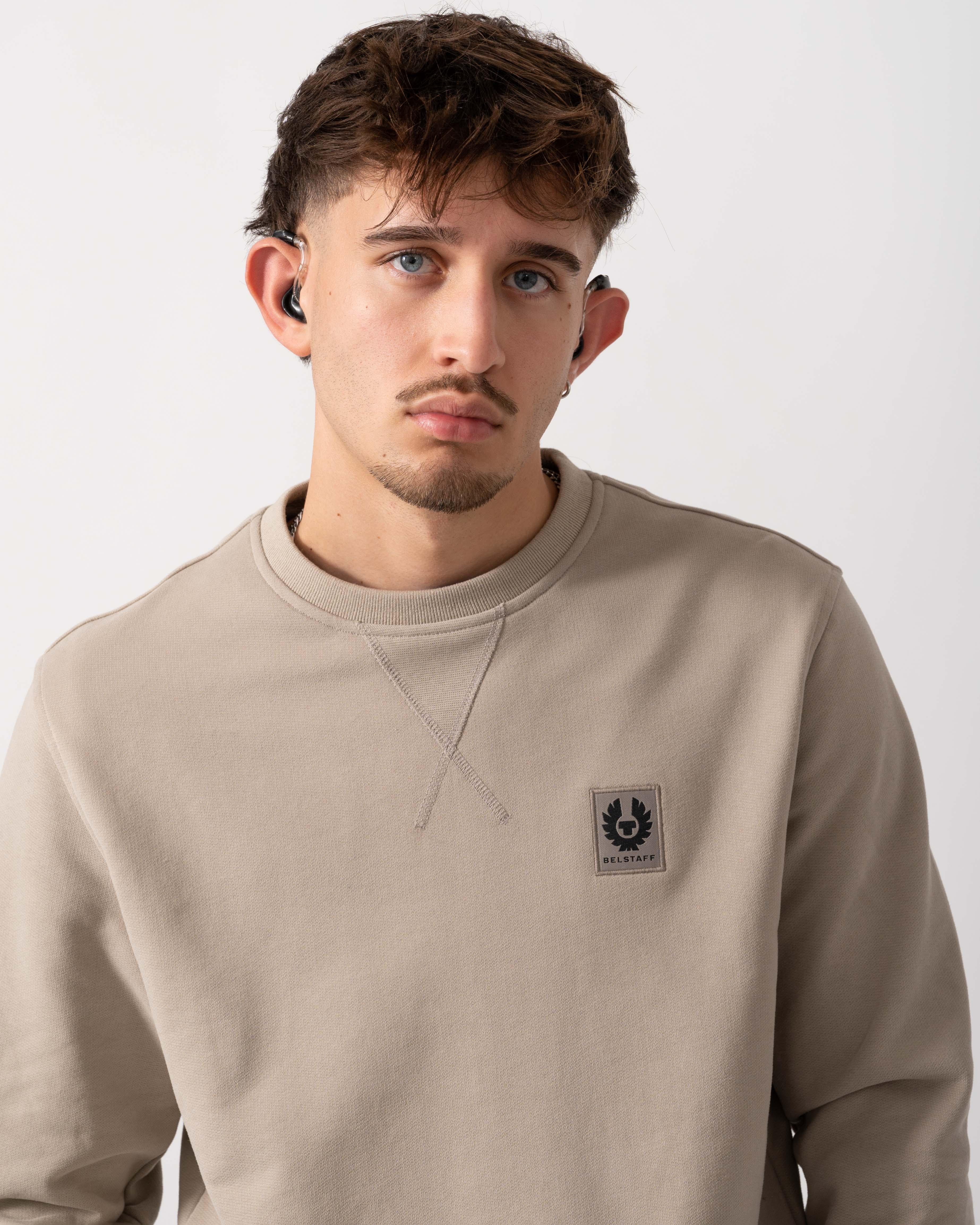 Belstaff Mens Crew Neck Sweatshirt With Logo Patch - Dark Sand - Image 3