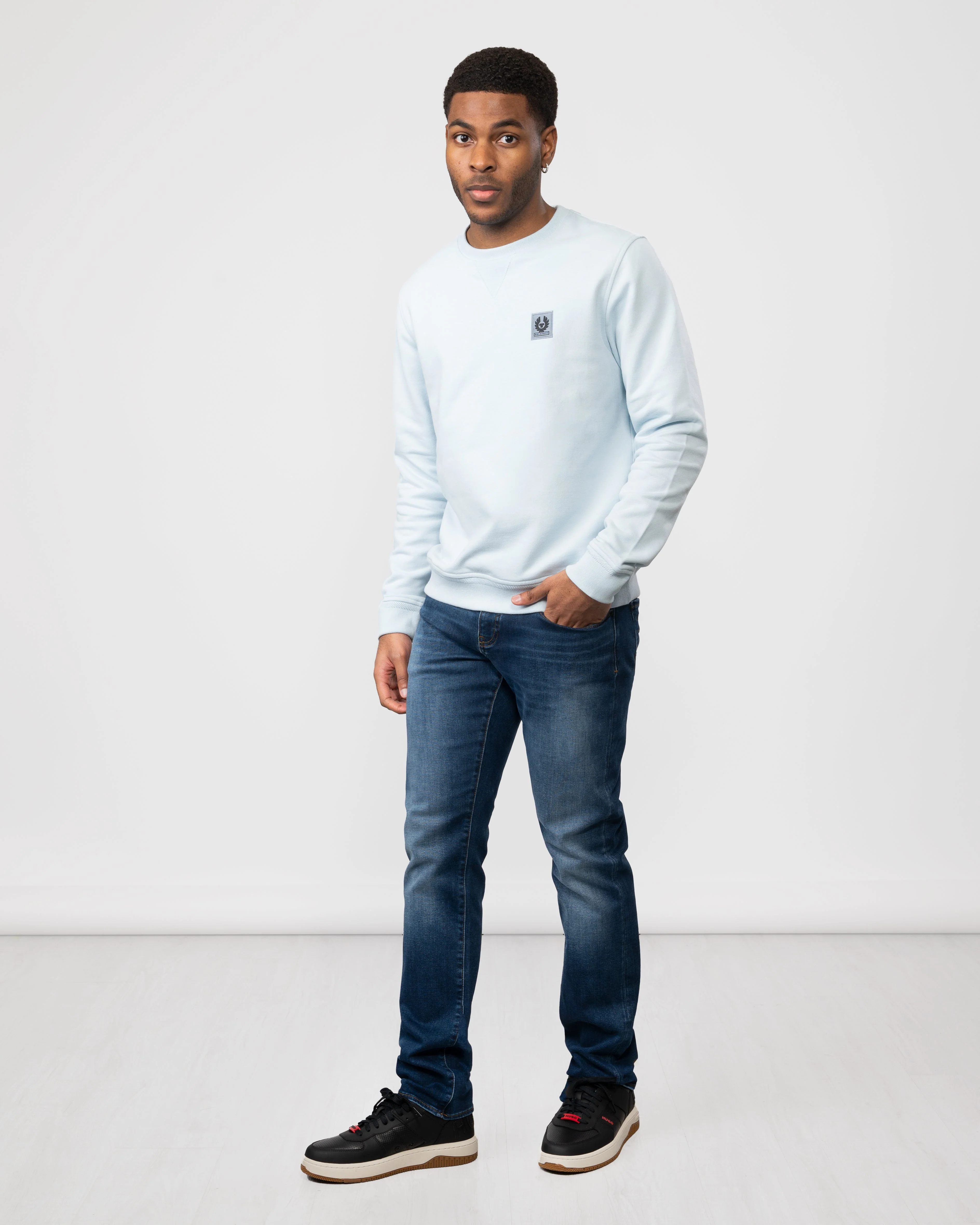 Belstaff Mens Crew Neck Sweatshirt With Logo Patch - Sky Blue - Image 2