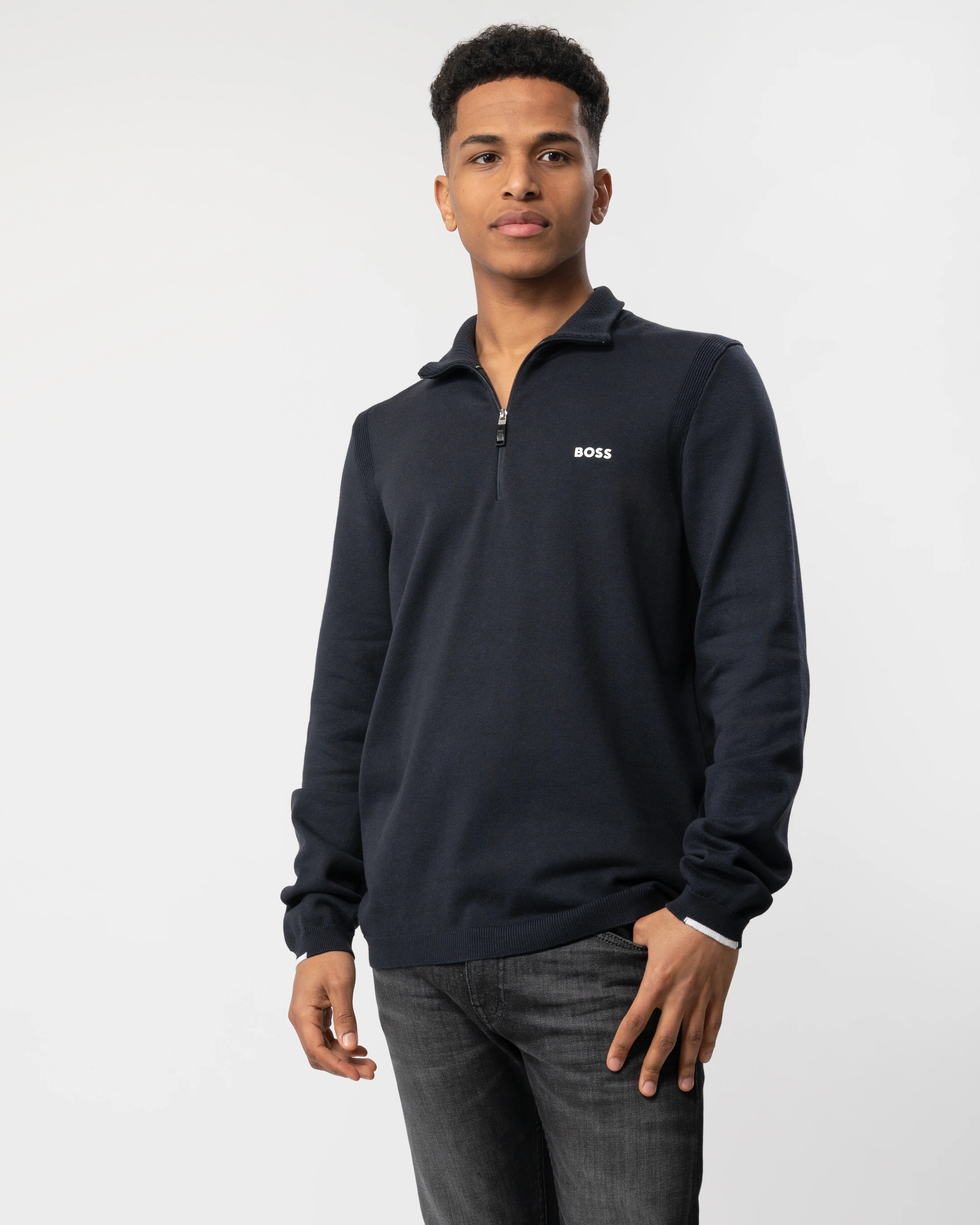 BOSS Green Ever-X Mens Cotton Blend Zip-Neck Sweater with Logo Print - Dark Blue 402 - Image 2
