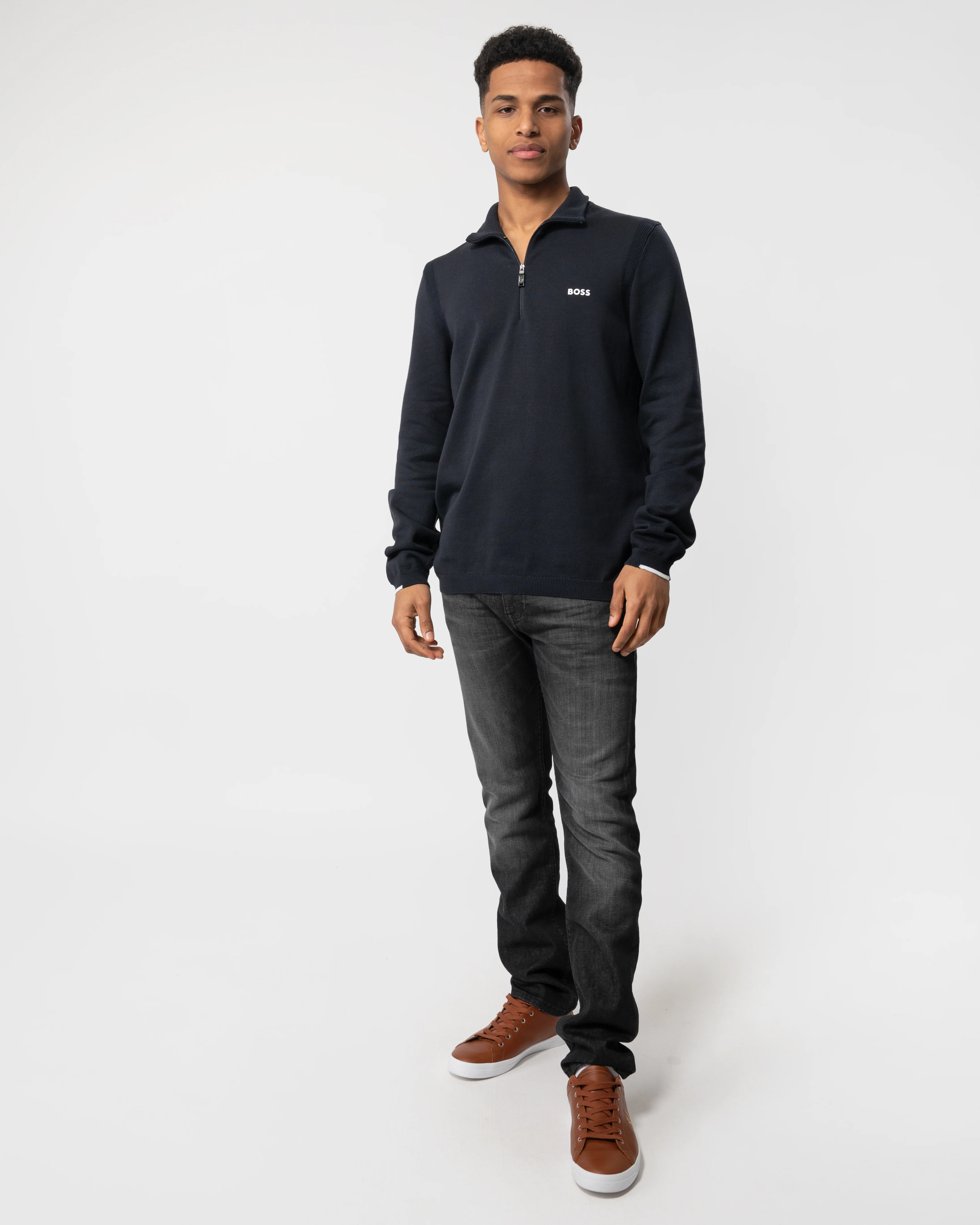 BOSS Green Ever-X Mens Cotton Blend Zip-Neck Sweater with Logo Print - Dark Blue 402 - Image 3