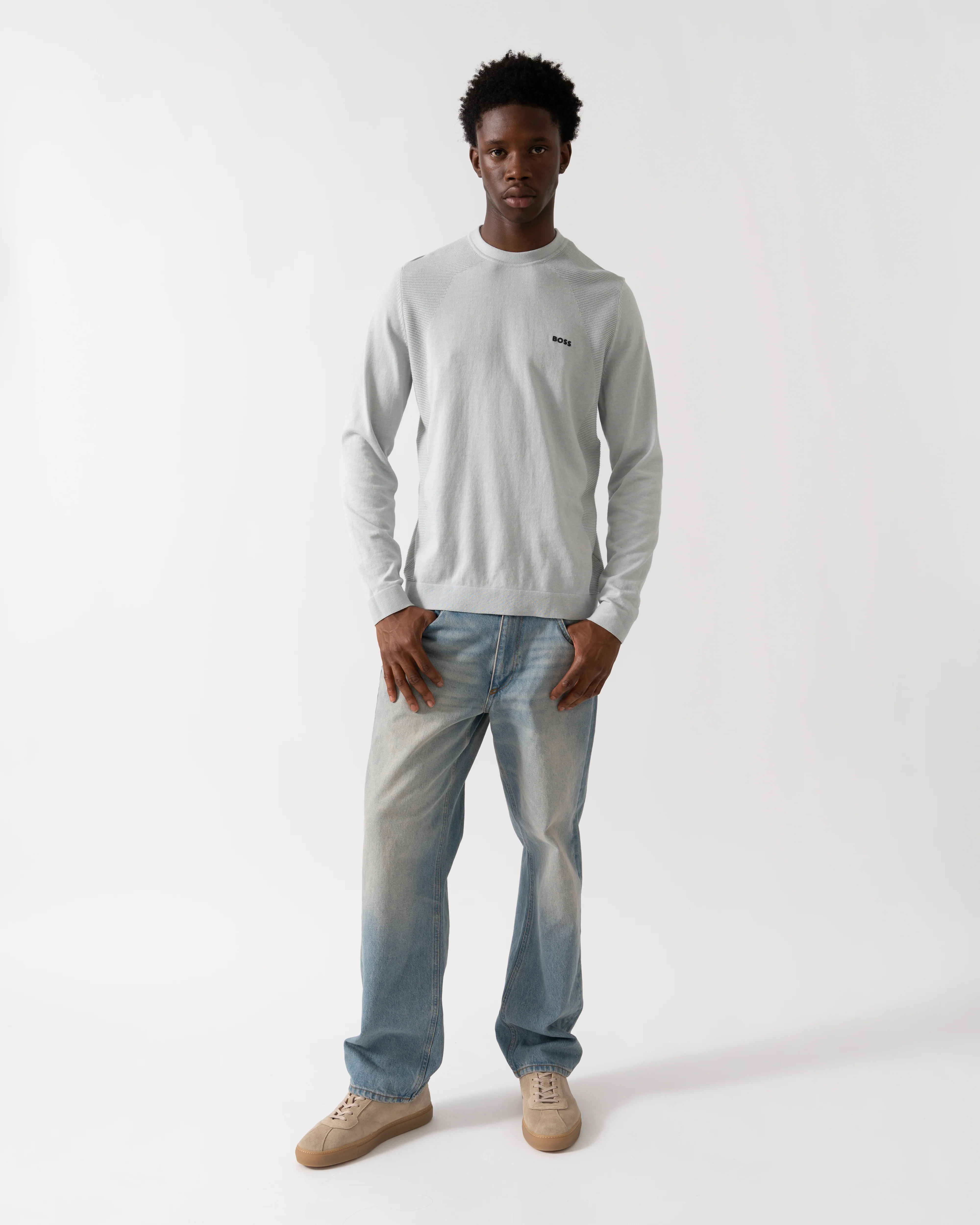 BOSS Green Momentum-Lite Mens Crew Neck Jumper - Light/Pastel Grey 054 - Image 2