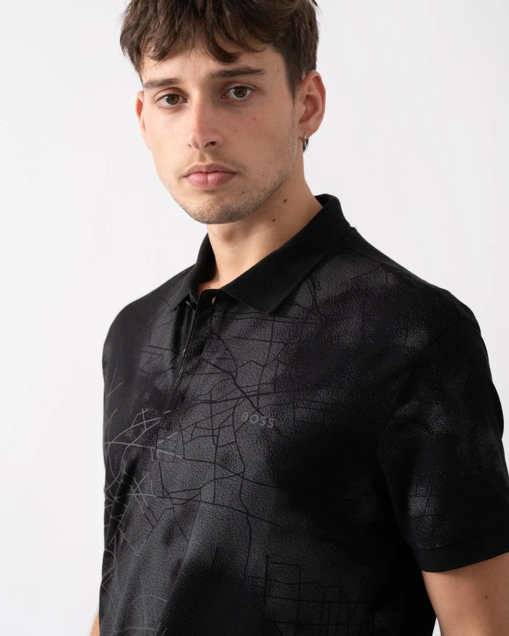 BOSS Green Paddy 3 Mens Cotton-Blend Polo Shirt with Decorative Reflective Print - Image 3
