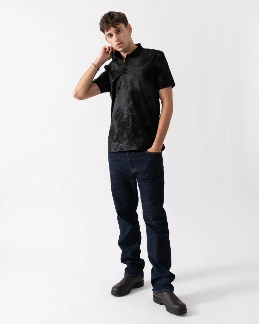 BOSS Green Paddy 3 Mens Cotton-Blend Polo Shirt with Decorative Reflective Print - Image 4