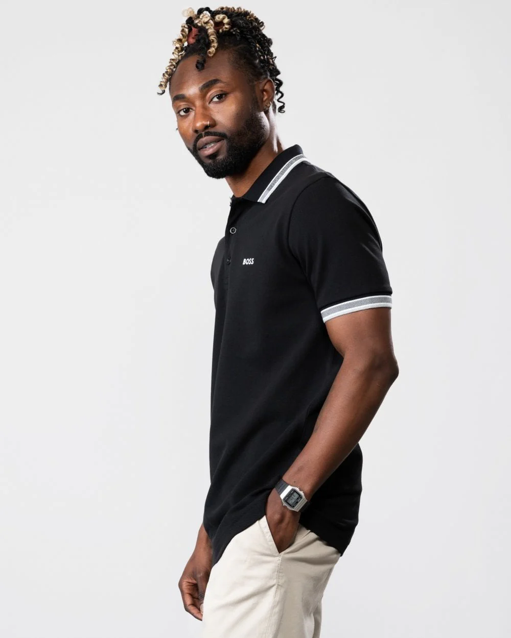 BOSS Green Paddy Mens Cotton-Piqué Polo Shirt with Contrast Logo - Black 001 - Image 3