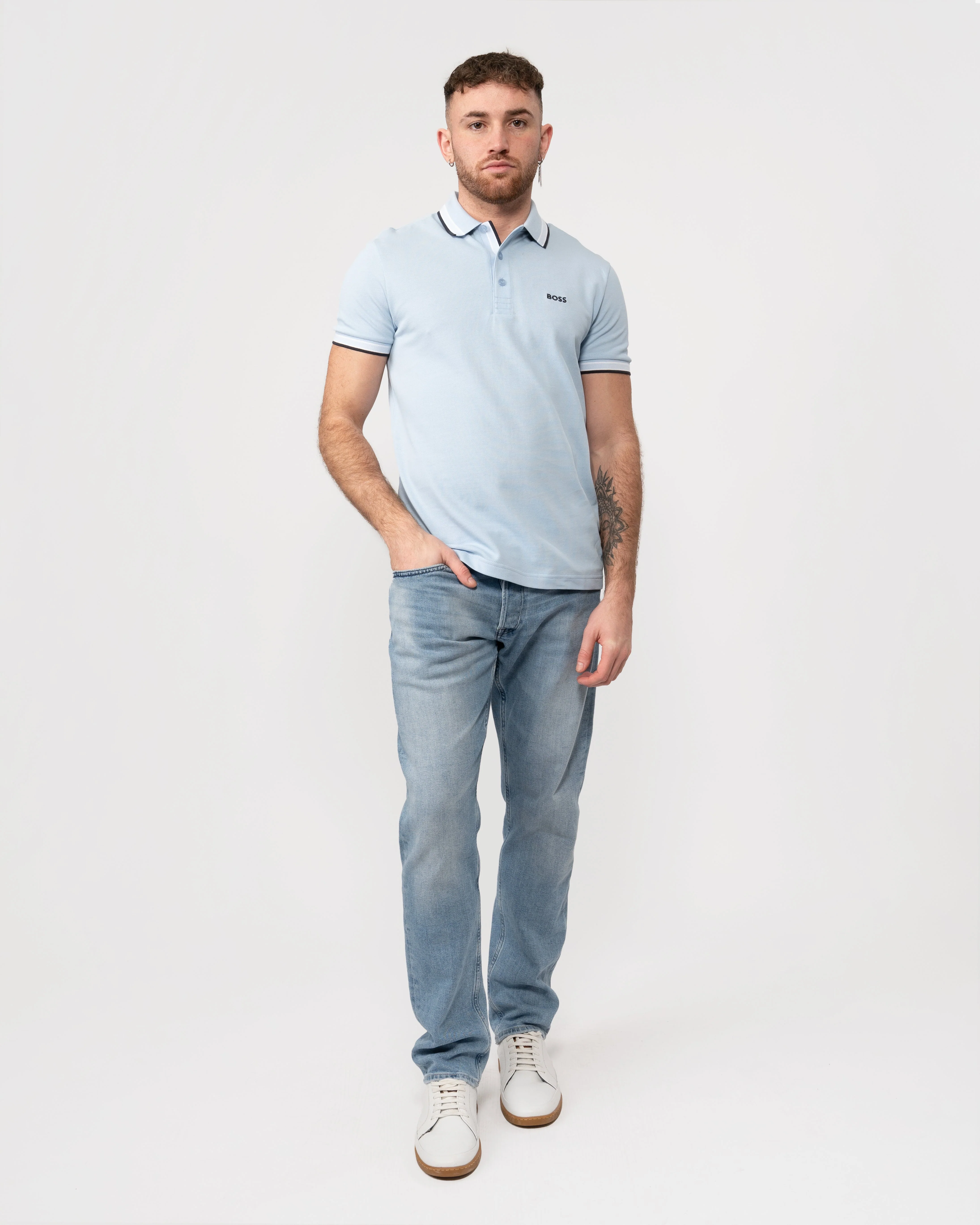 BOSS Green Paddy Mens Cotton-Piqué Polo Shirt with Contrast Logo - Bright Blue 450 - Image 3