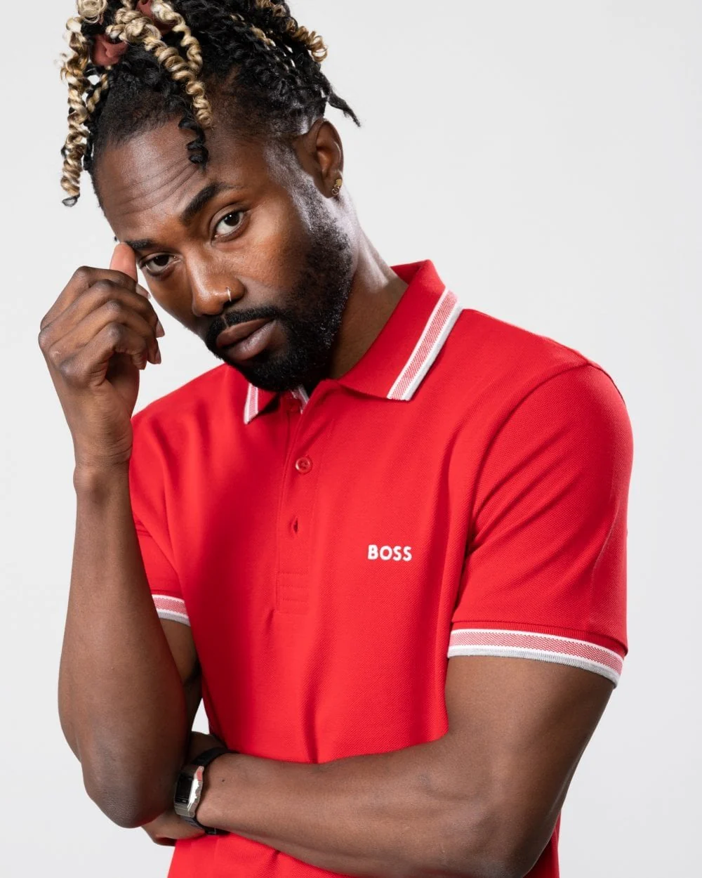 BOSS Green Paddy Mens Cotton-Piqué Polo Shirt with Contrast Logo - Medium Red 610 - Image 2