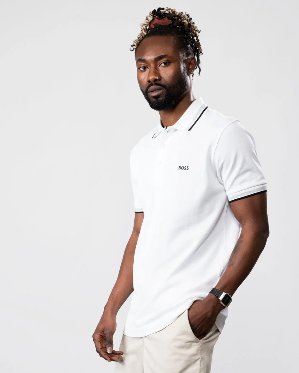 BOSS Green Paddy Mens Cotton-Piqué Polo Shirt with Contrast Logo - White 100 - Image 3