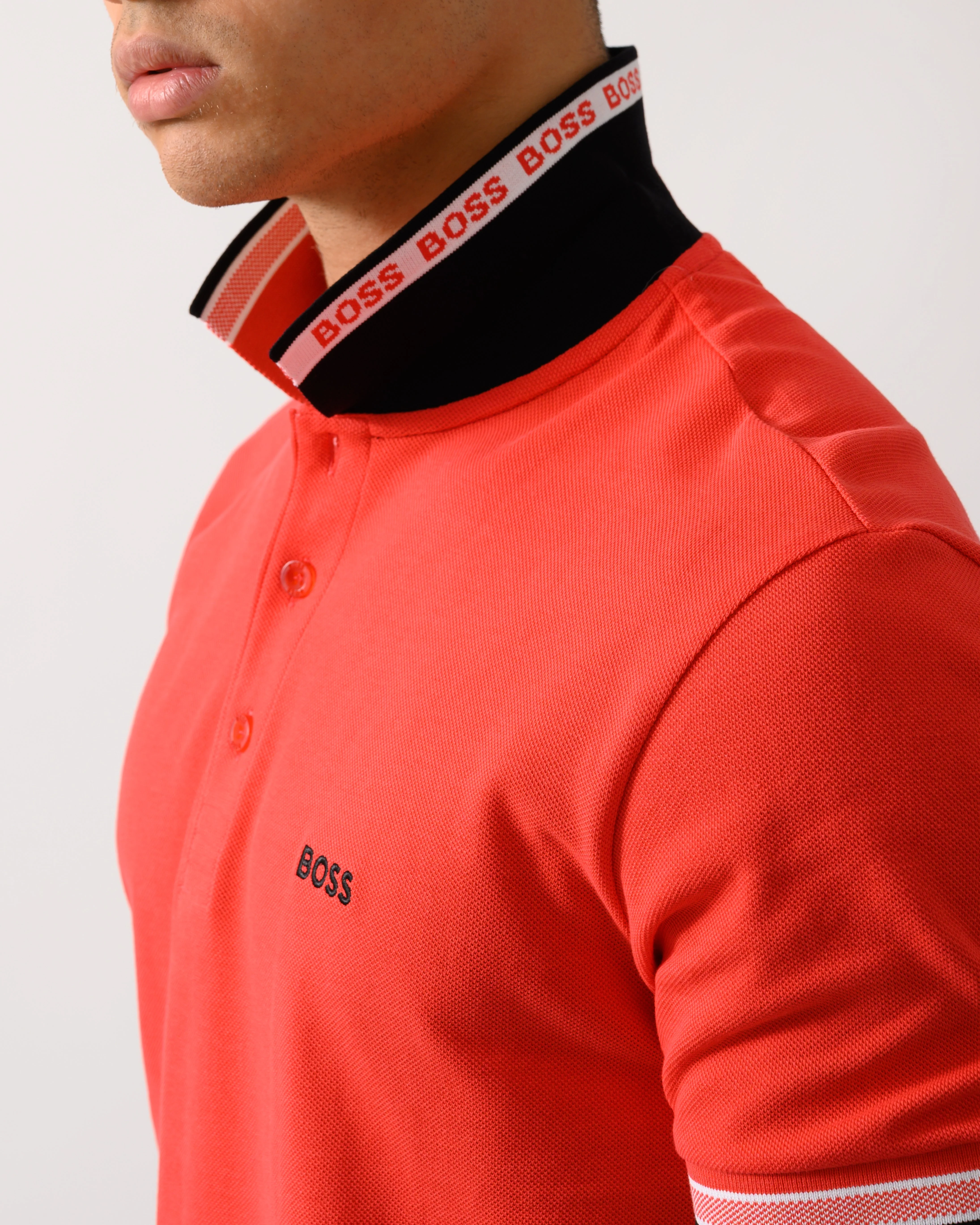 BOSS Green Paddy Mens Cotton-Piqué Polo Shirt with Contrast Logo - Open Red 641 - Image 3